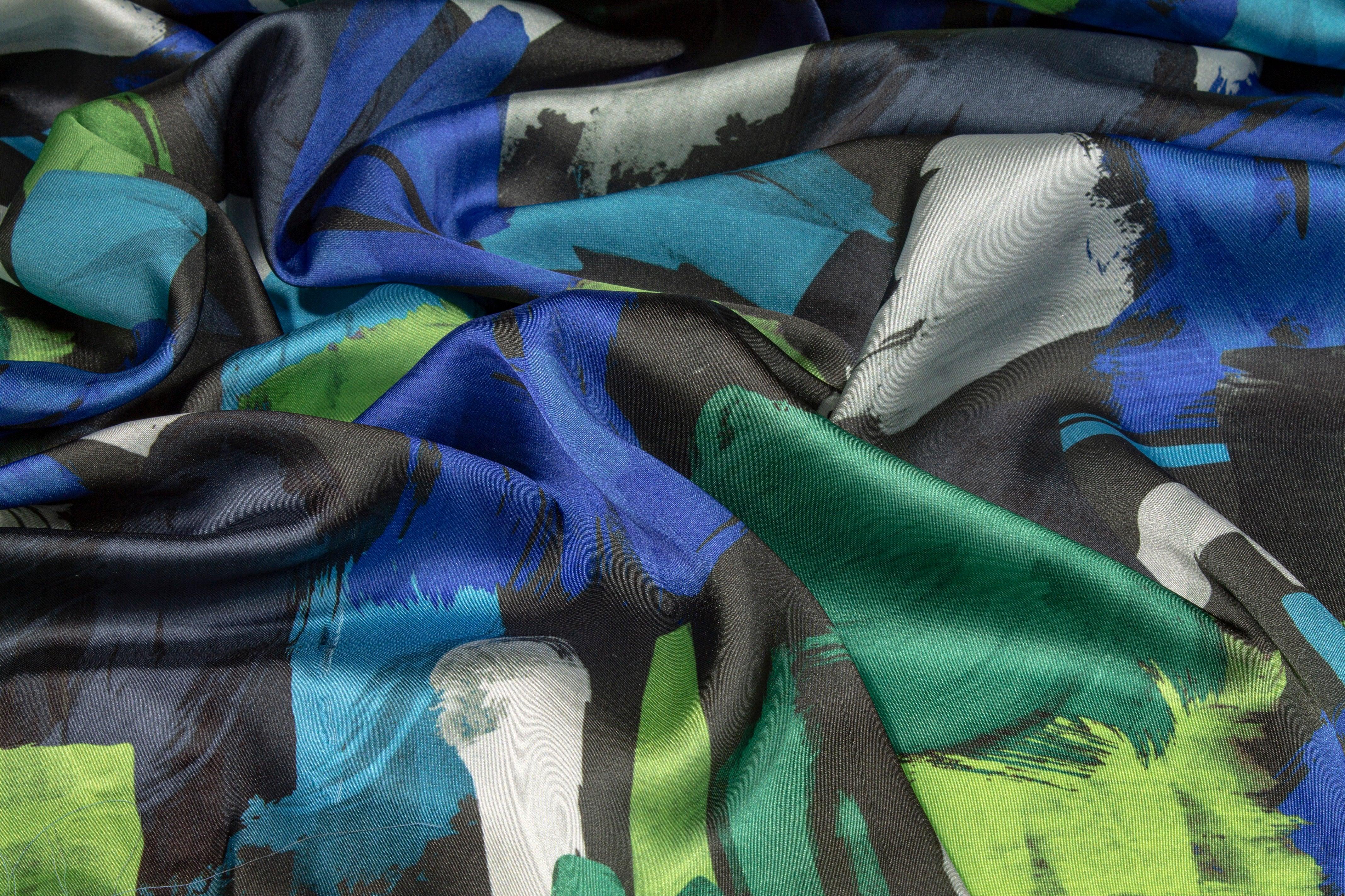 Paint Stroke Italian Charmeuse - Green and Blue - Prime Fabrics