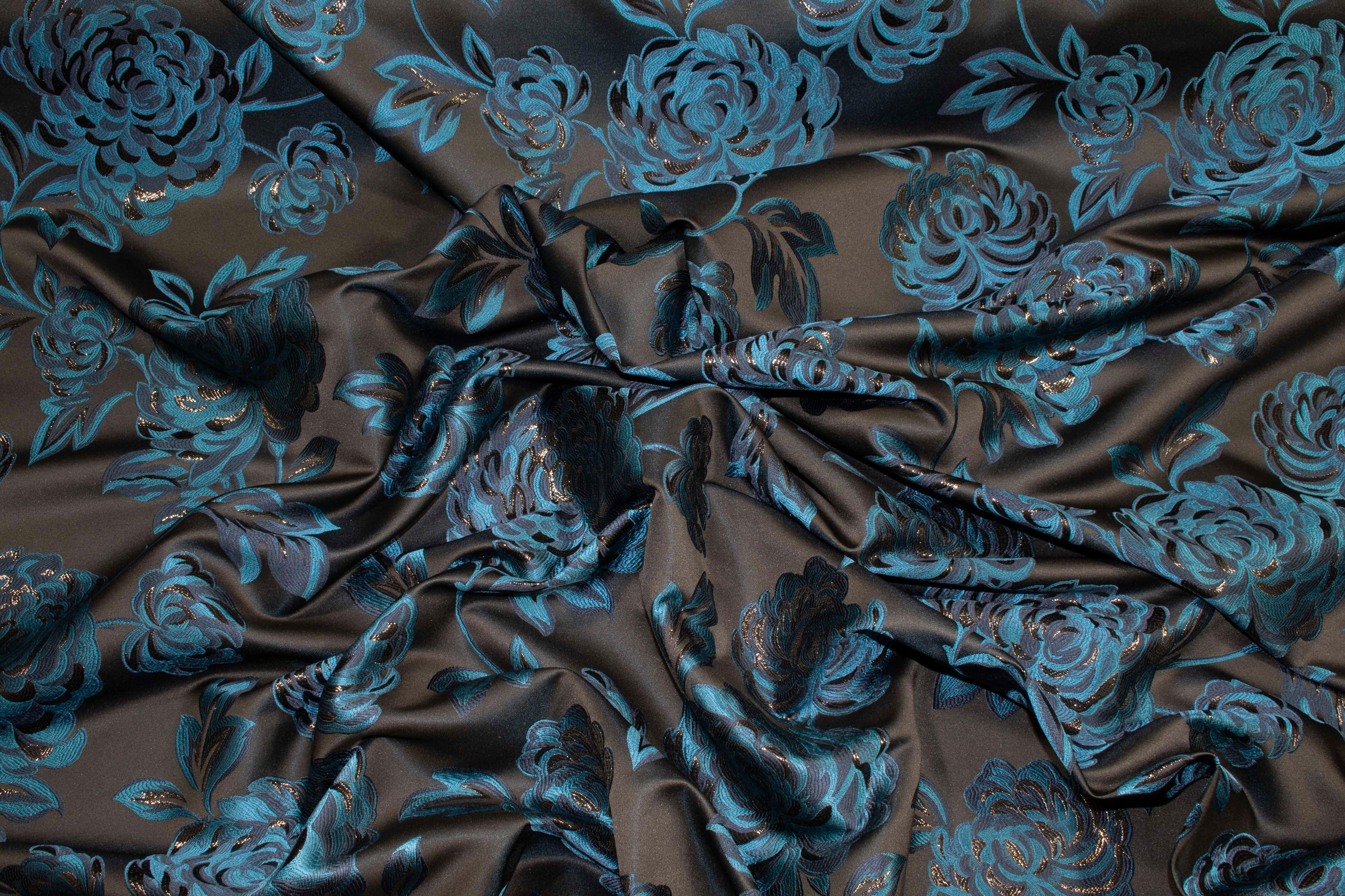Black and Blue Floral Metallic Brocade - Prime Fabrics