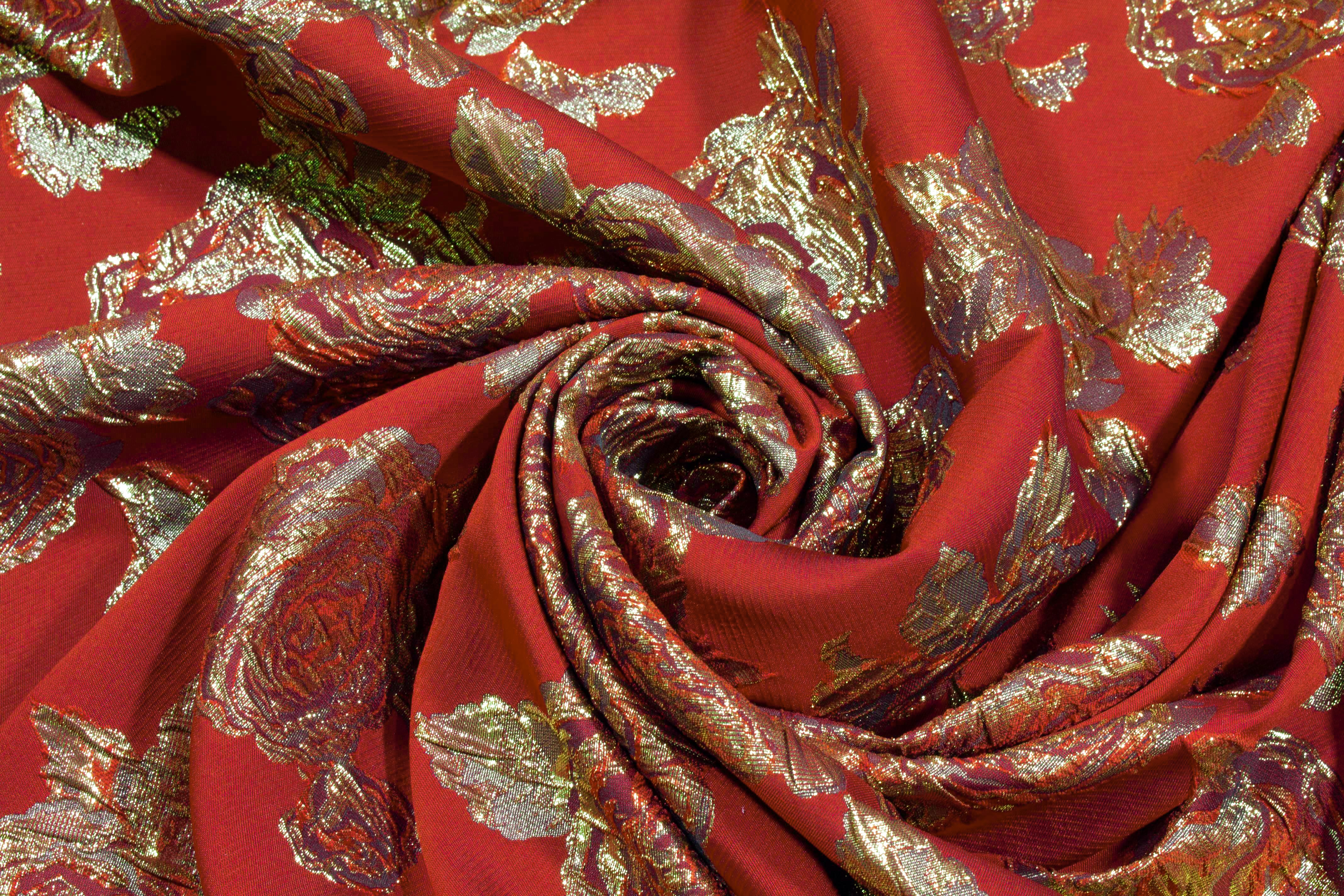 Red and Gold Floral Metallic Crushed Brocade - Prime Fabrics