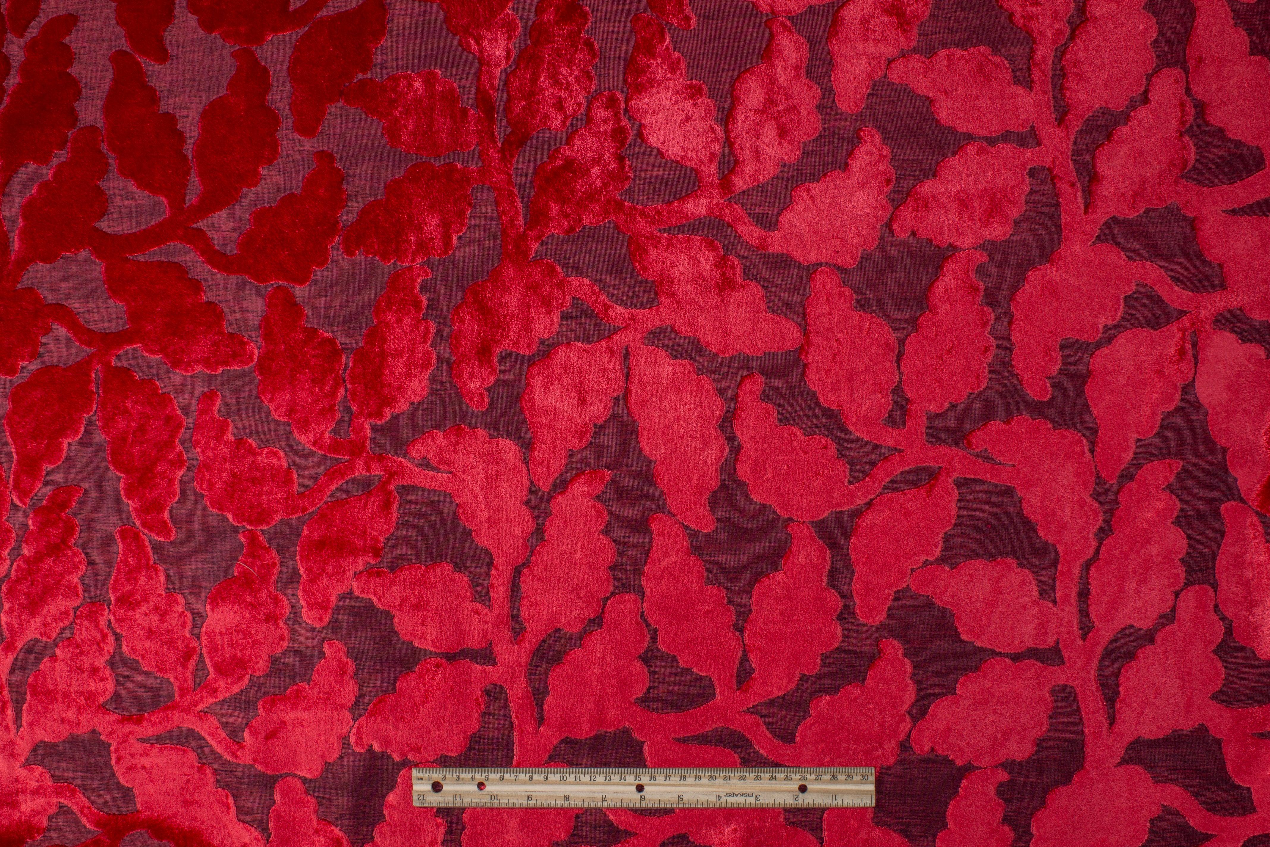 Leaf Cut Velvet Upholstery - Red - Prime Fabrics
