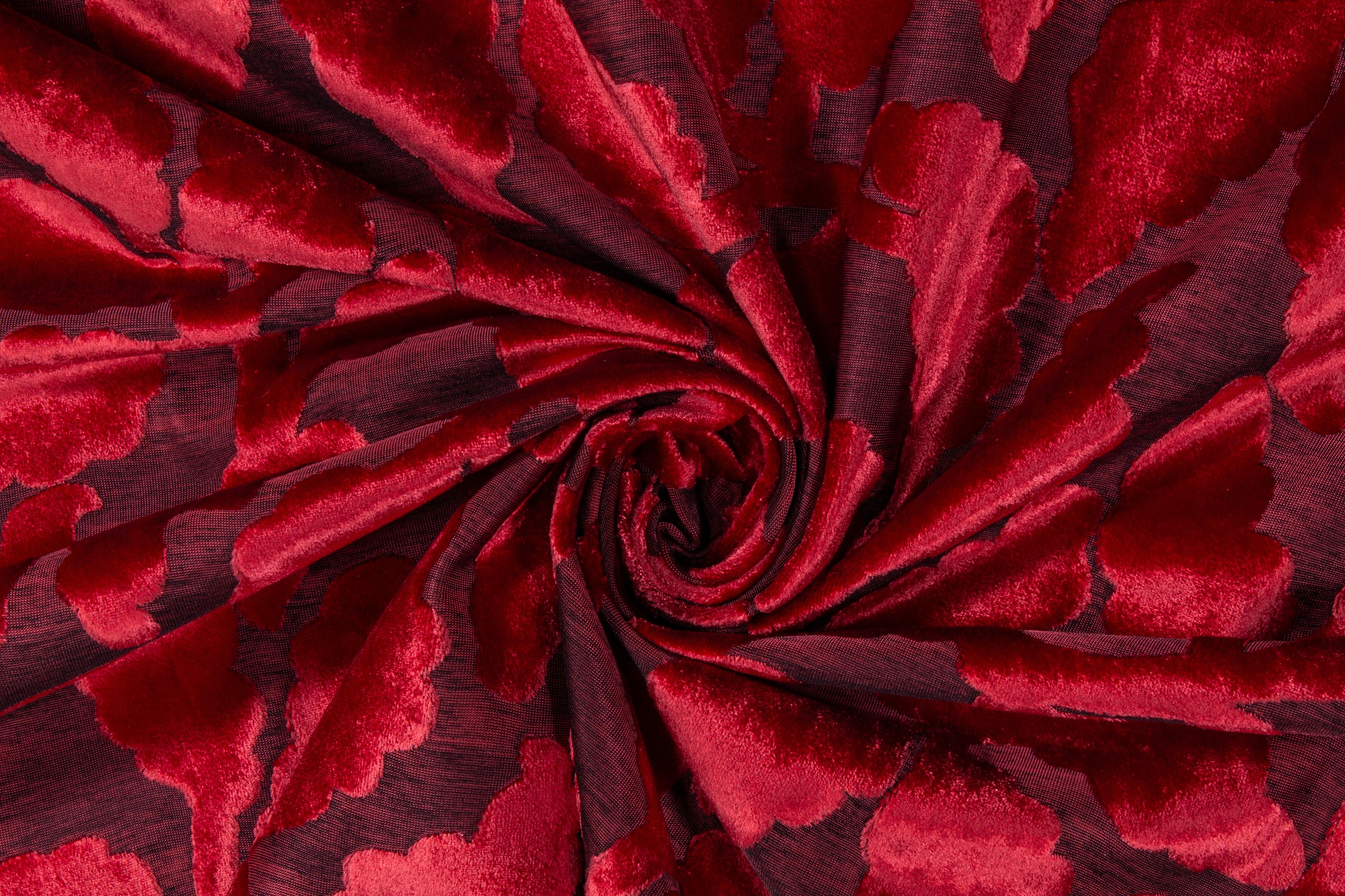 Leaf Cut Velvet Upholstery - Red - Prime Fabrics