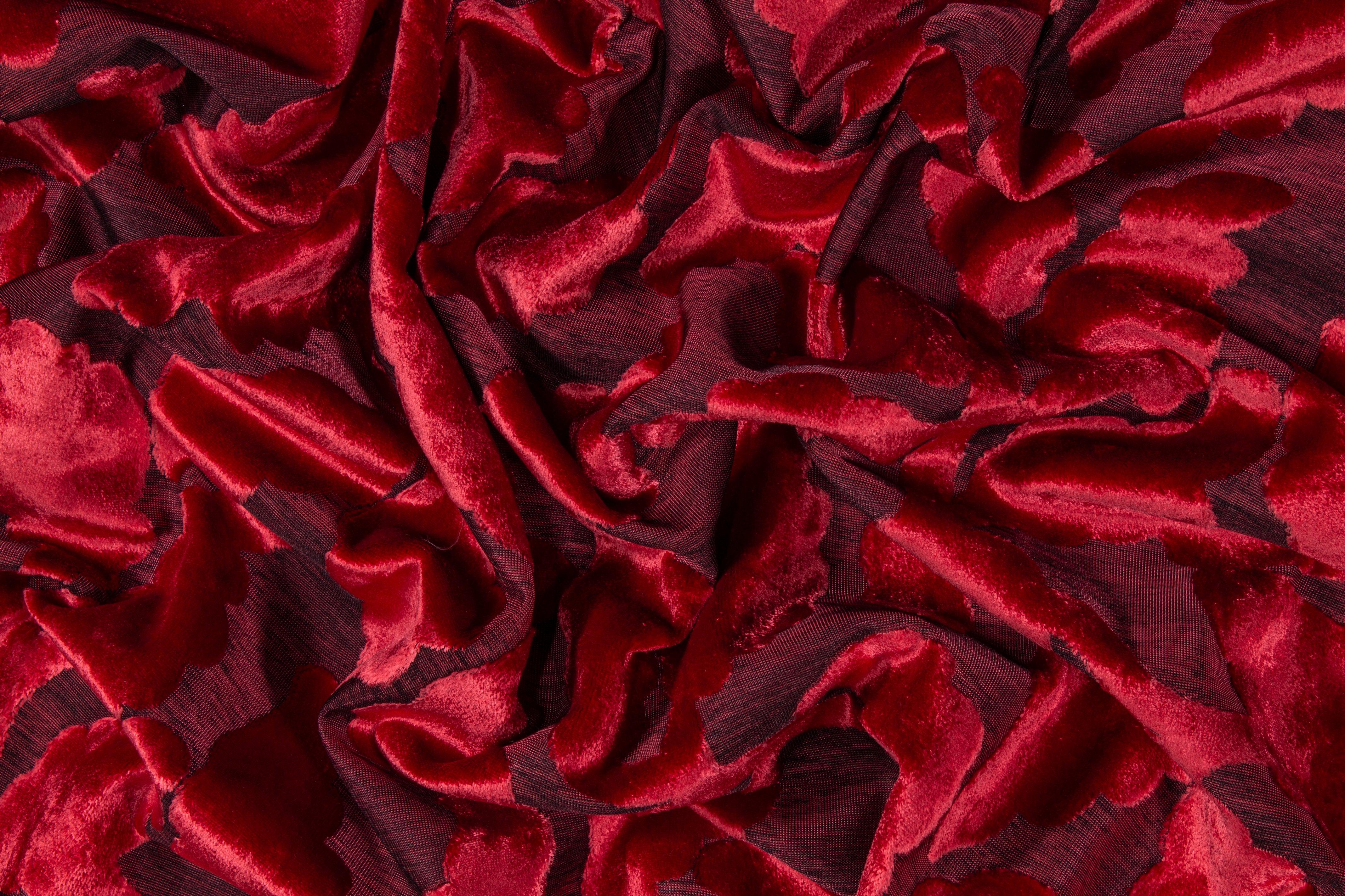 Leaf Cut Velvet Upholstery - Red - Prime Fabrics
