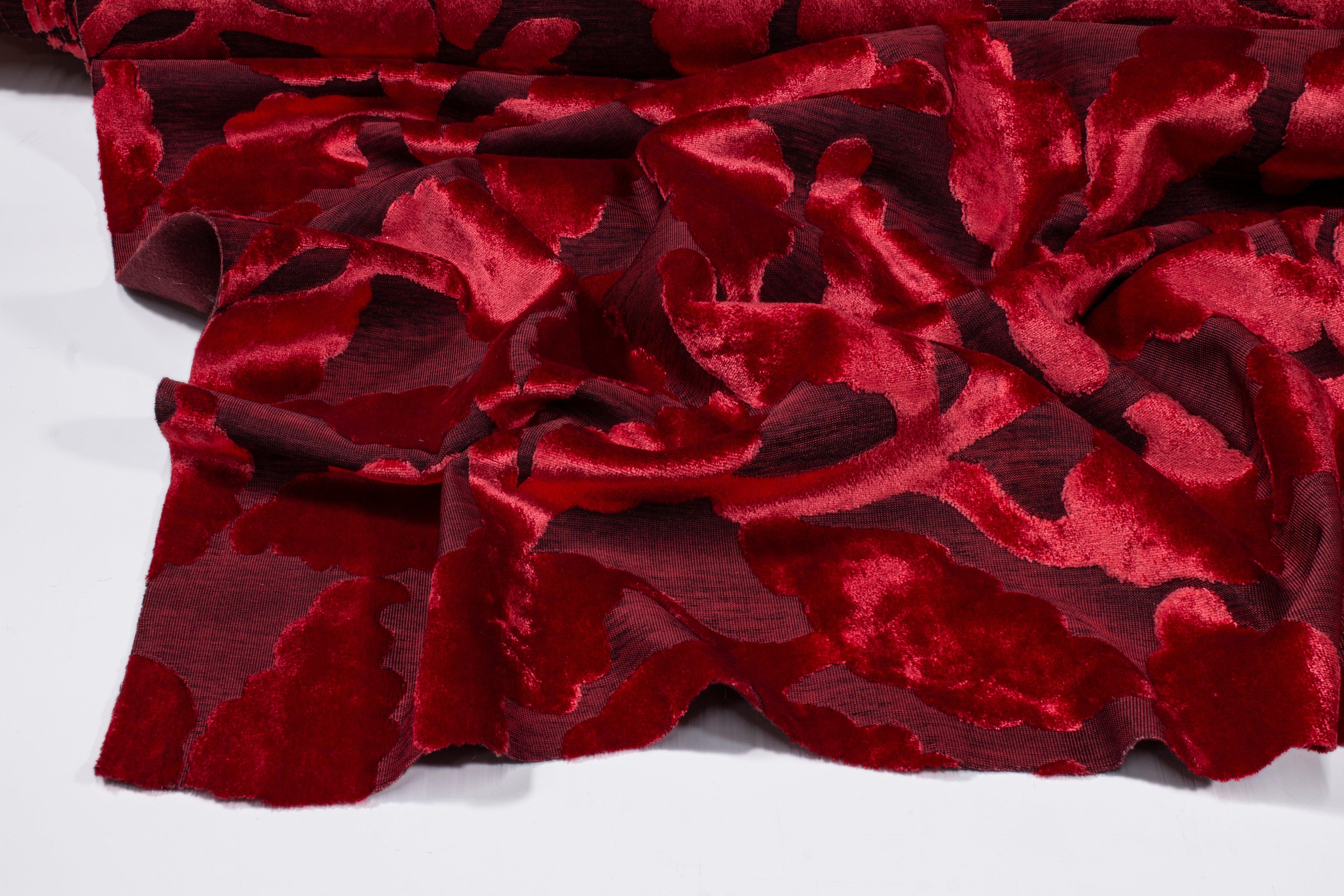 Leaf Cut Velvet Upholstery - Red - Prime Fabrics