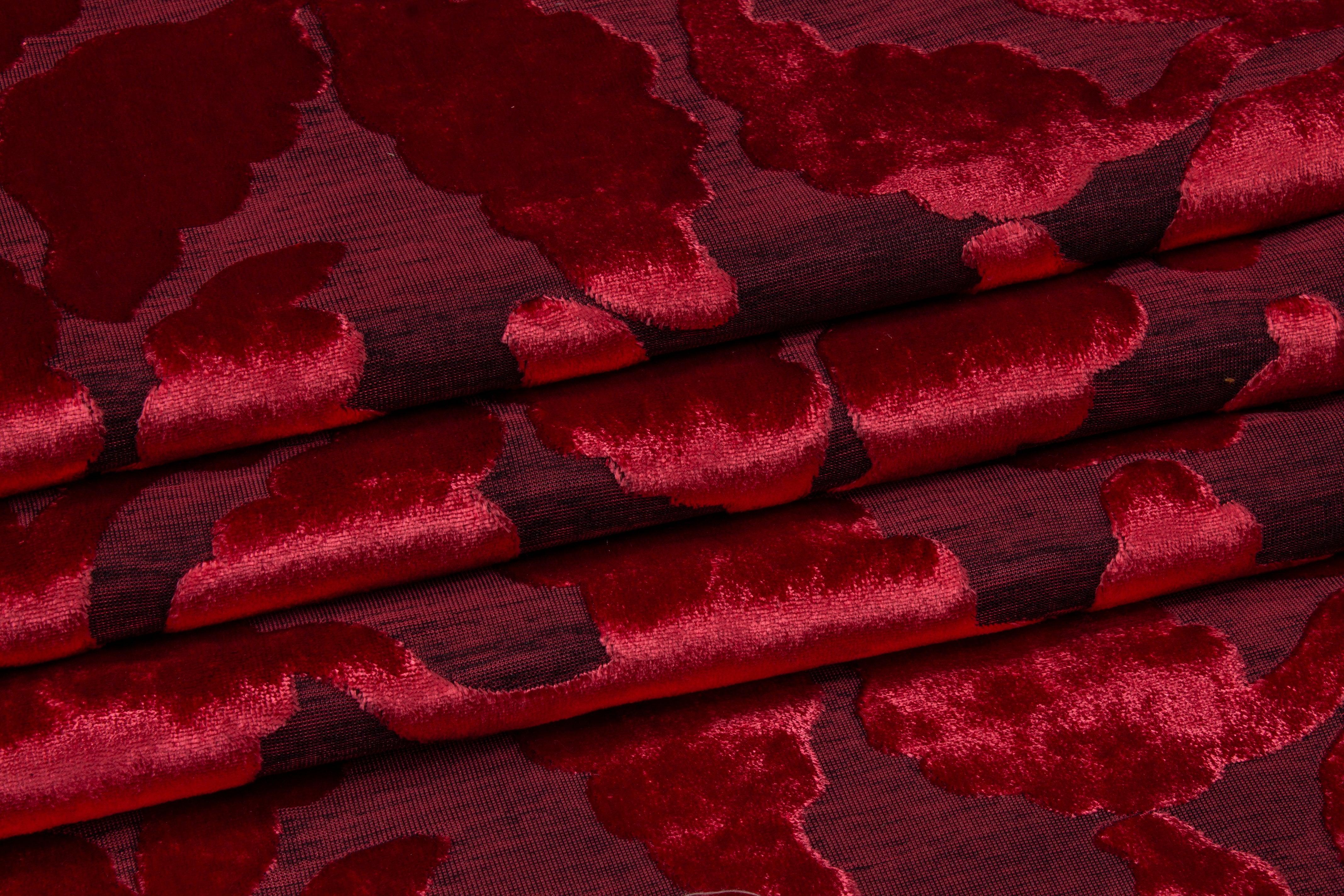 Leaf Cut Velvet Upholstery - Red - Prime Fabrics