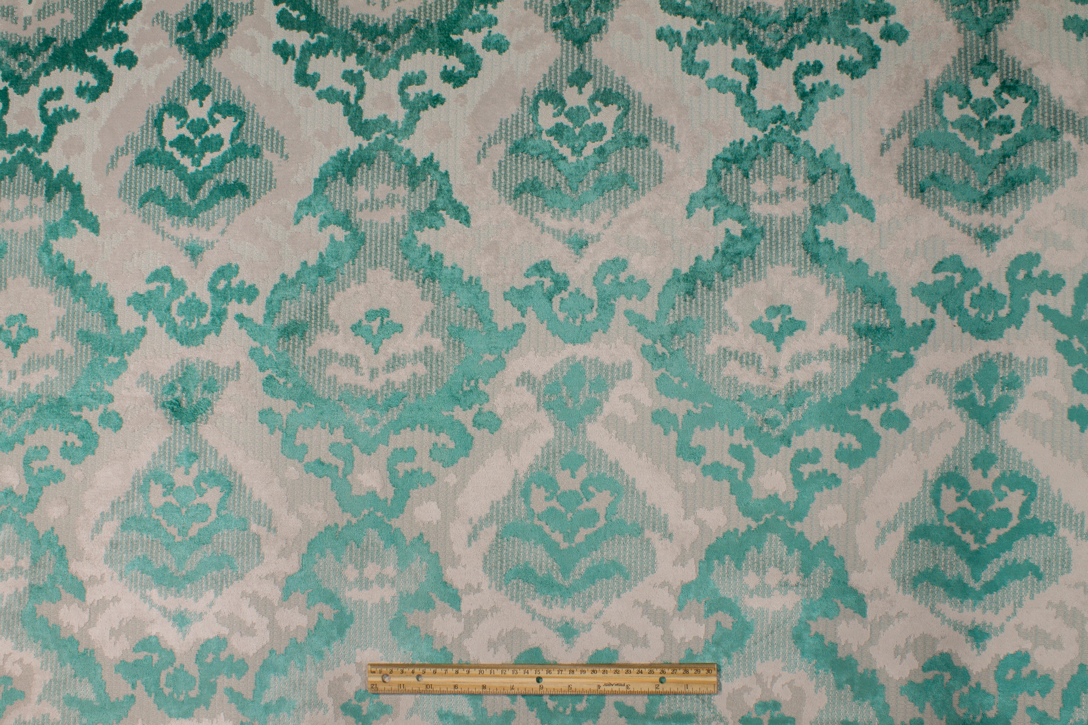 Damask Upholstery Velvet - Teal / Off White / Gray