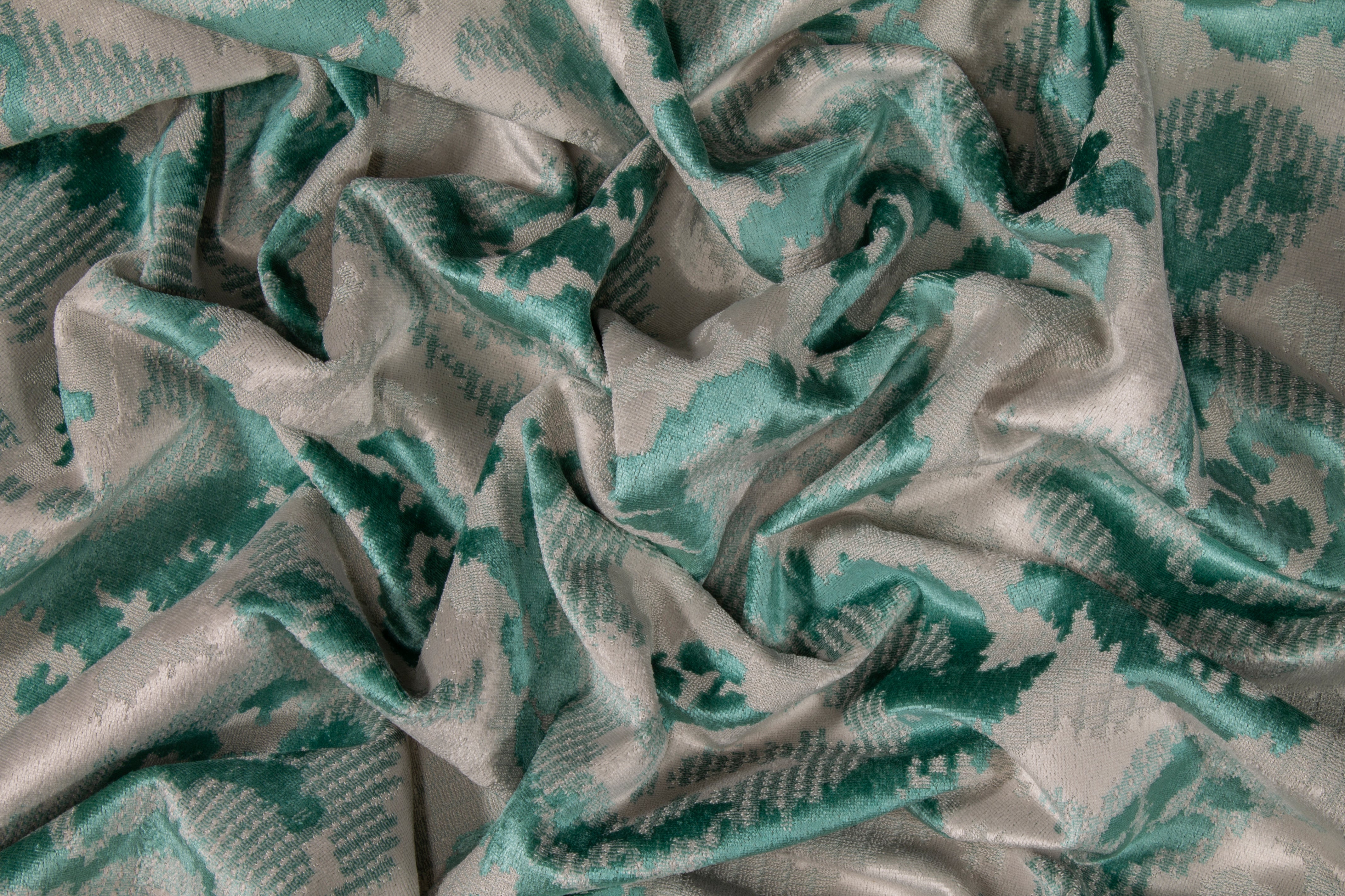 Damask Upholstery Velvet - Teal / Off White / Gray