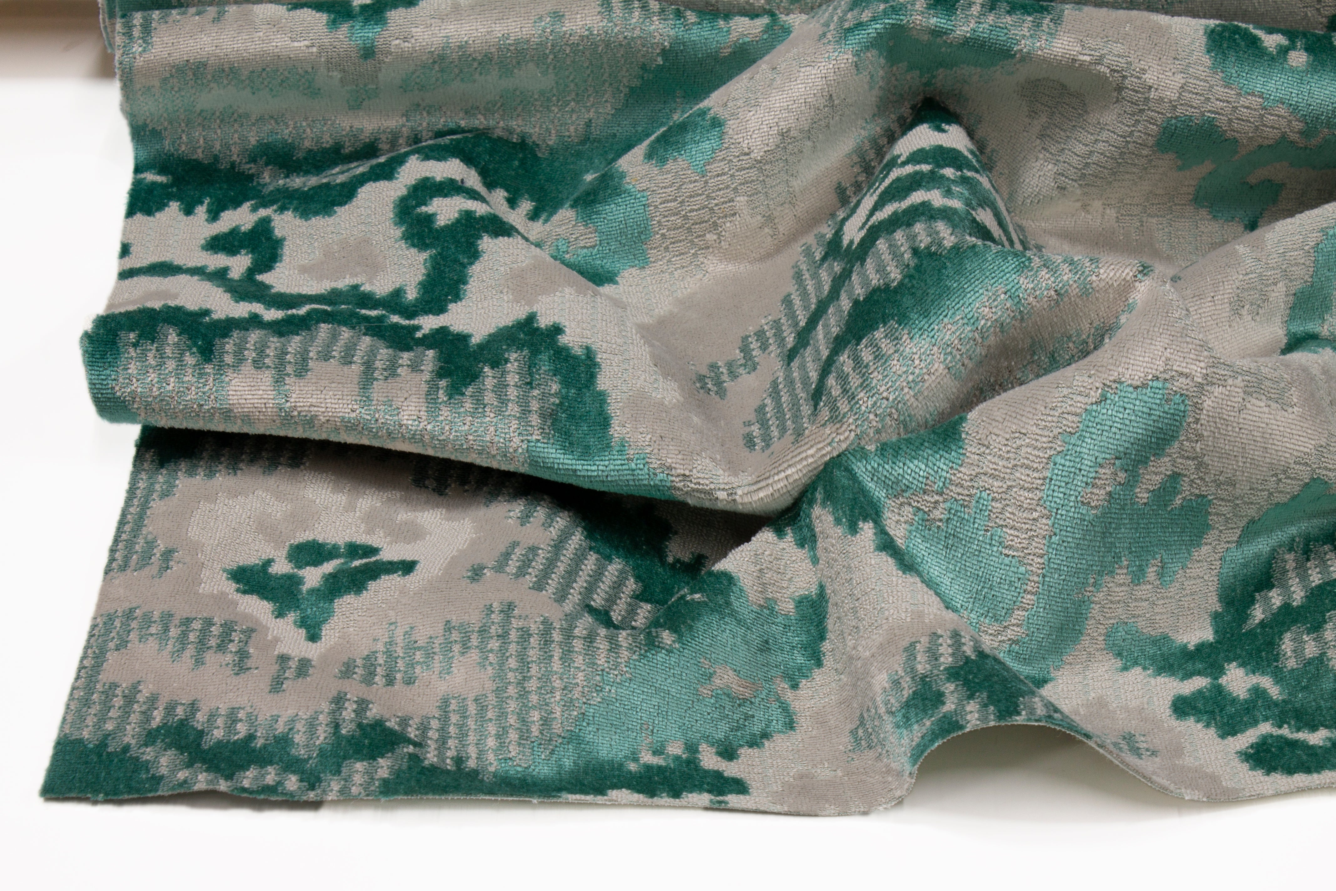 Damask Upholstery Velvet - Teal / Off White / Gray