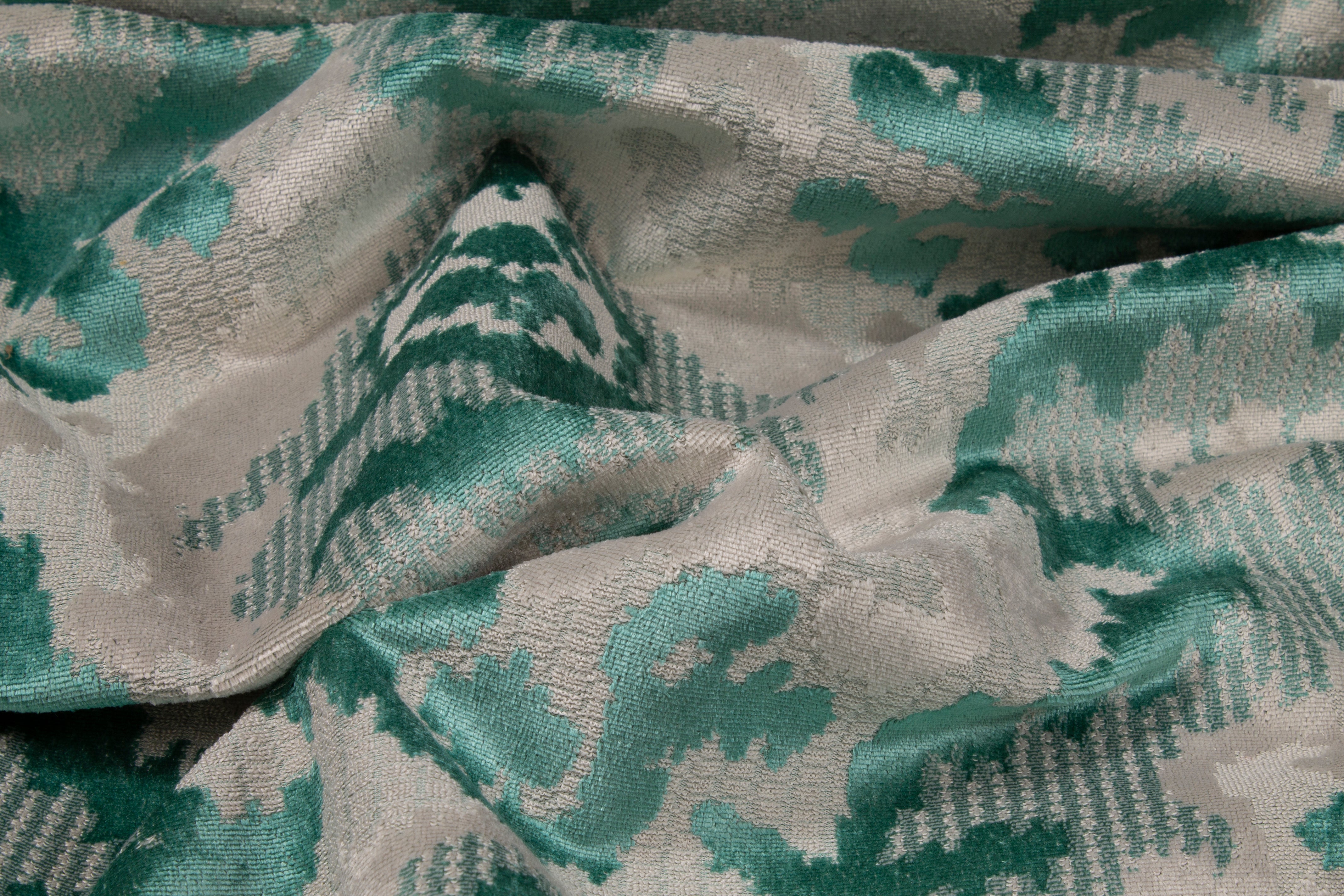 Damask Upholstery Velvet - Teal / Off White / Gray