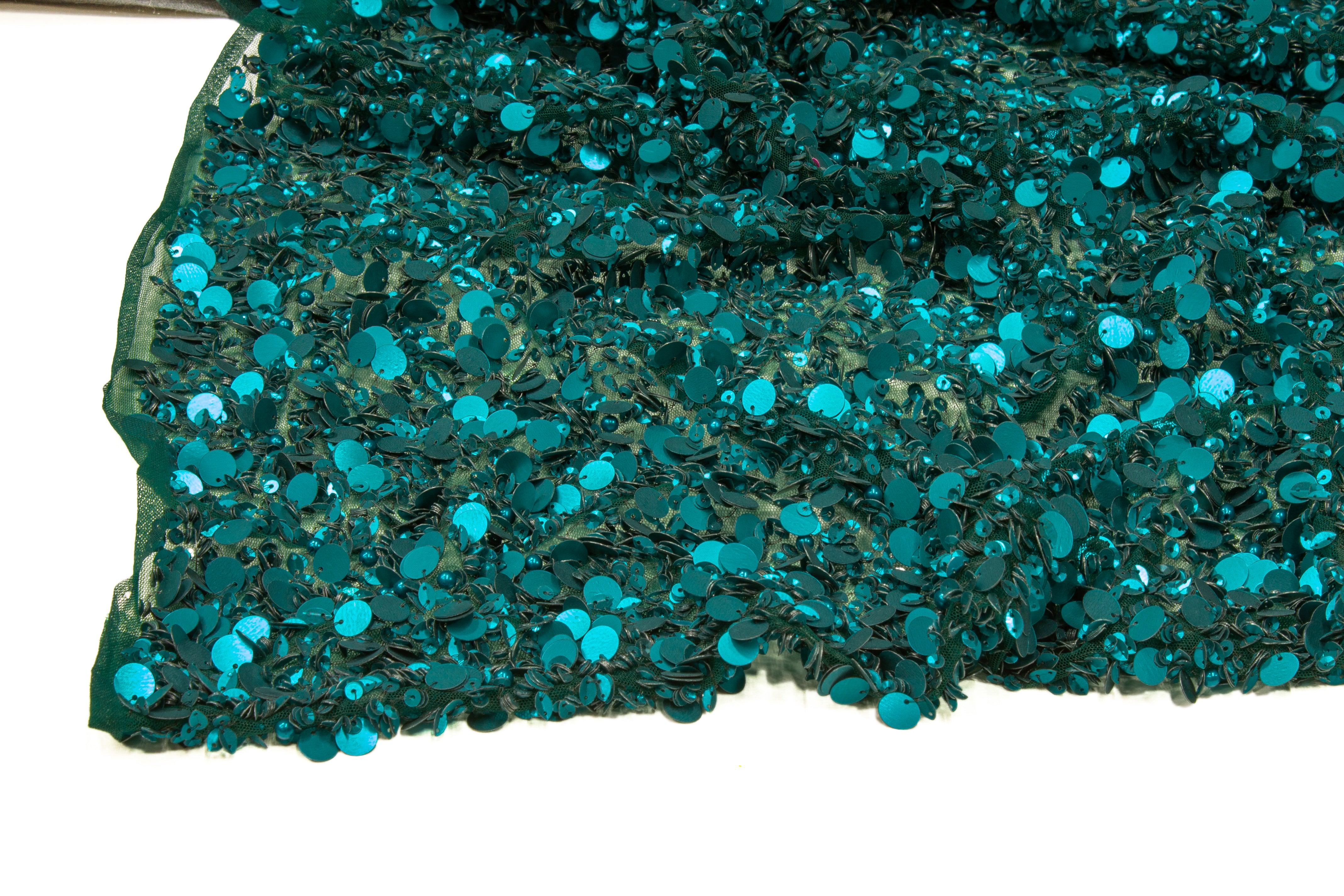 Hand Sequined and Beaded Mesh - Deep Teal - Prime Fabrics