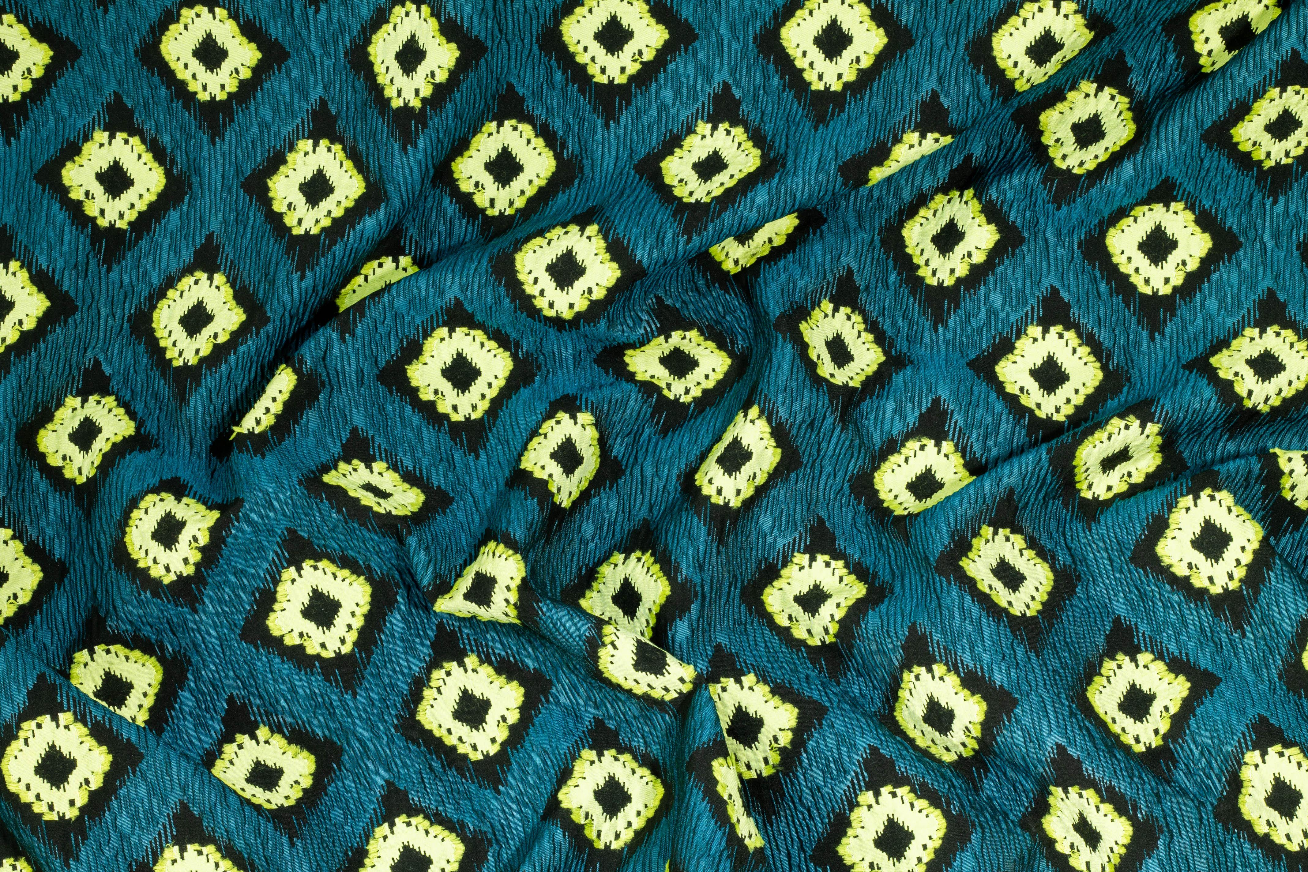 Crushed Ocean Blue-Green and Lime Ikat Design Italian Brocade - Prime Fabrics