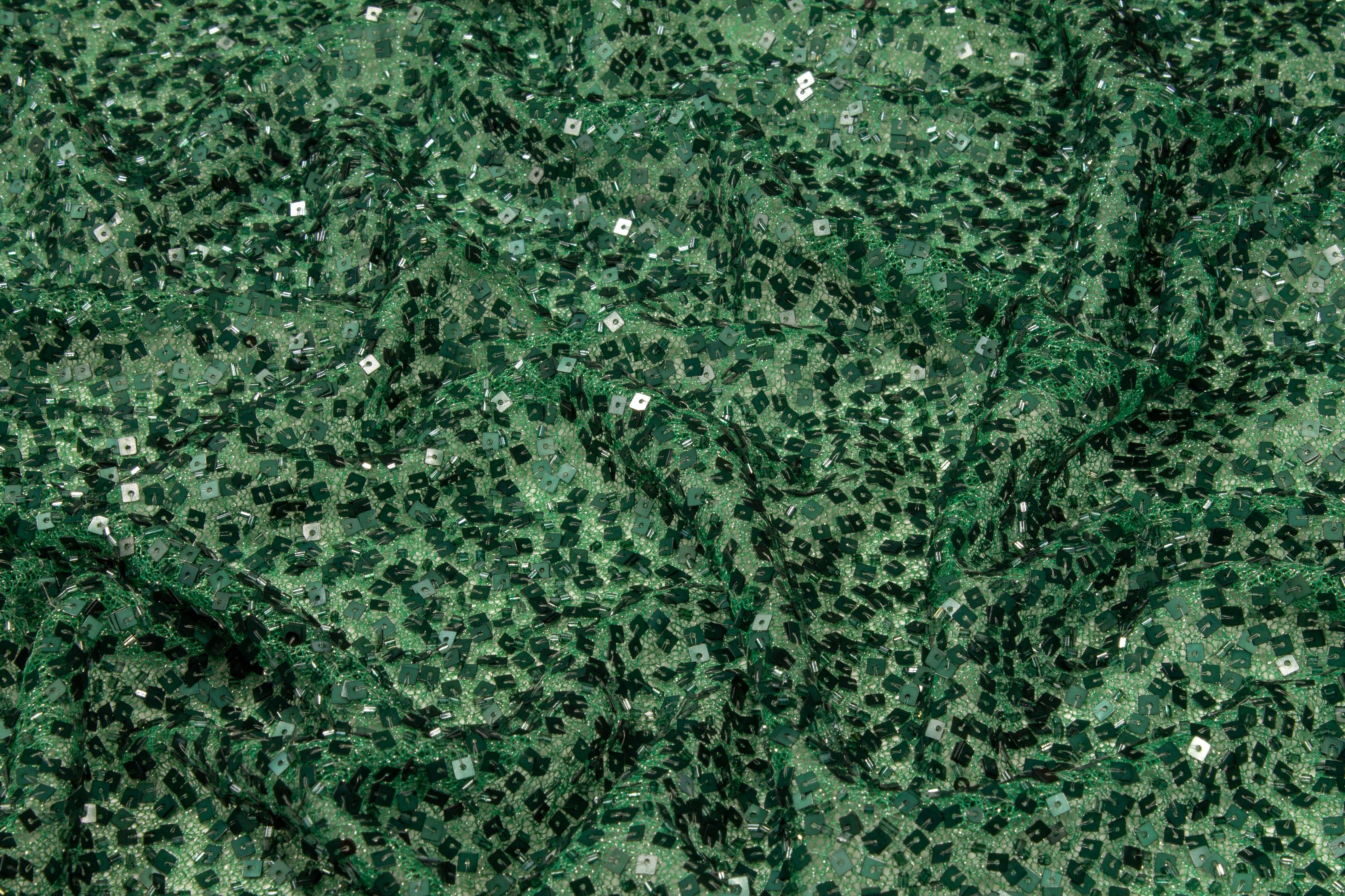 Hand Beaded and Sequined Metallic Mesh - Hunter Green - Prime Fabrics