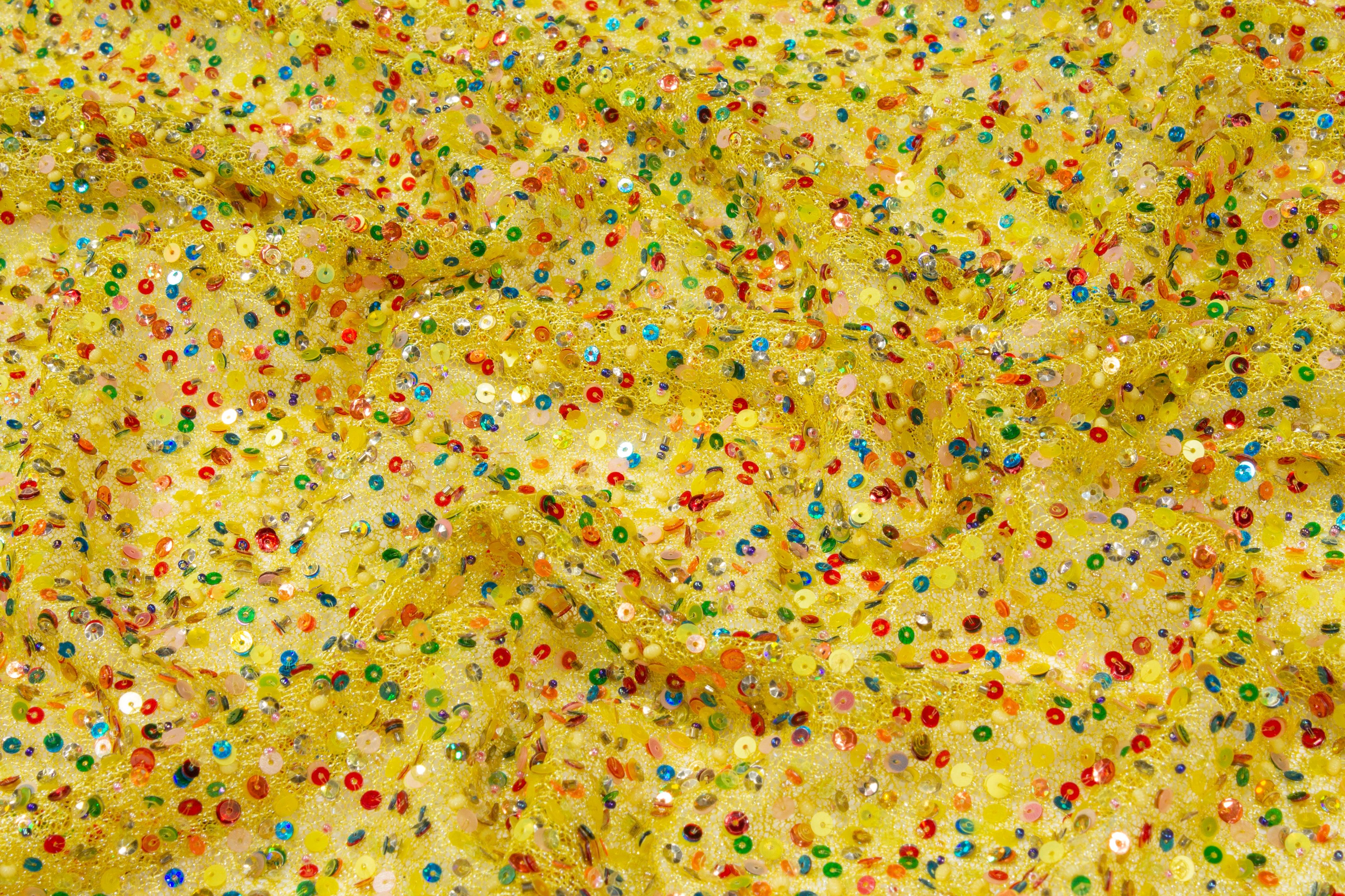 Hand Sequined Metallic Mesh - Yellow Multicolor - Prime Fabrics