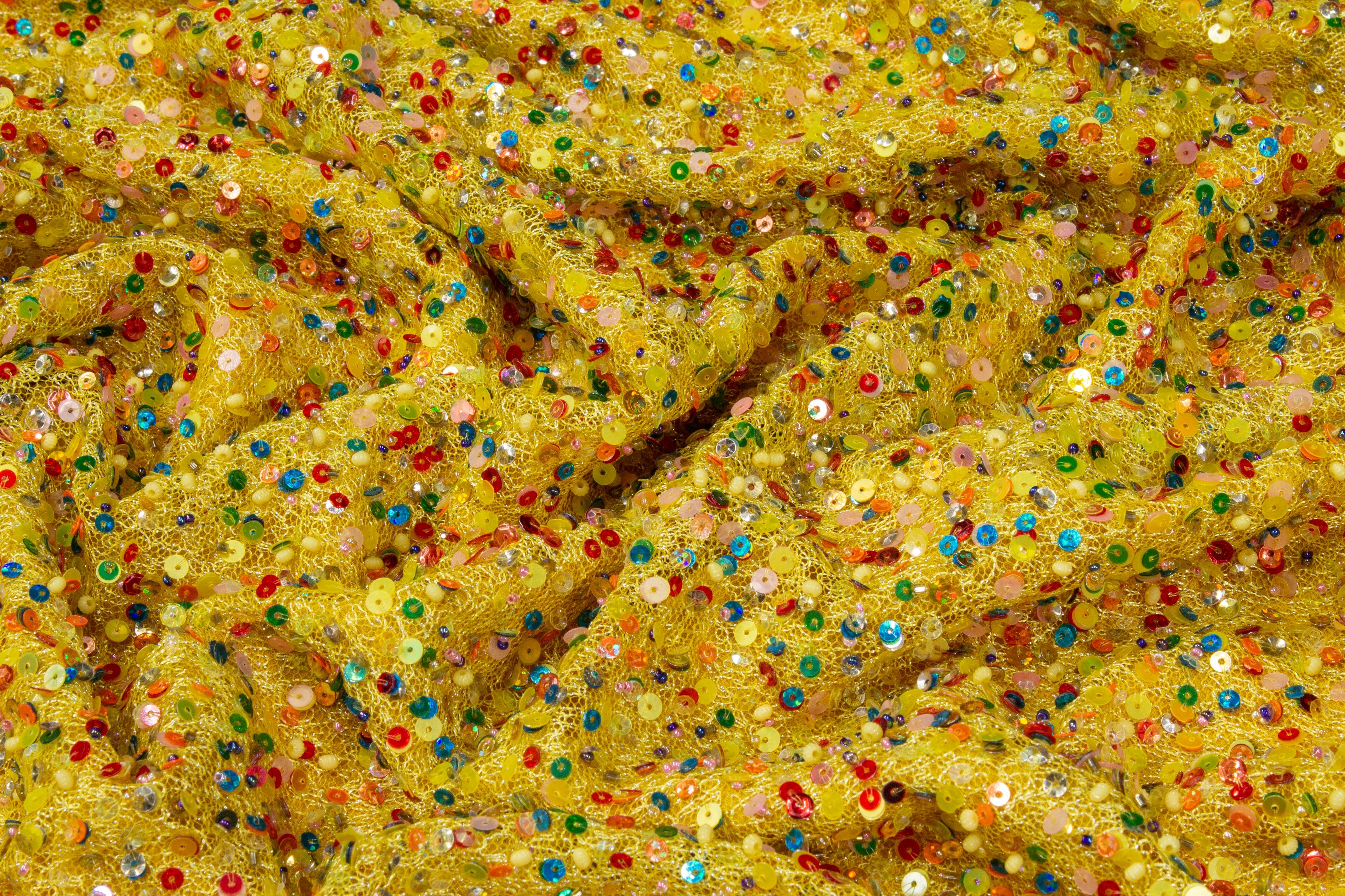 Hand Sequined Metallic Mesh - Yellow Multicolor - Prime Fabrics