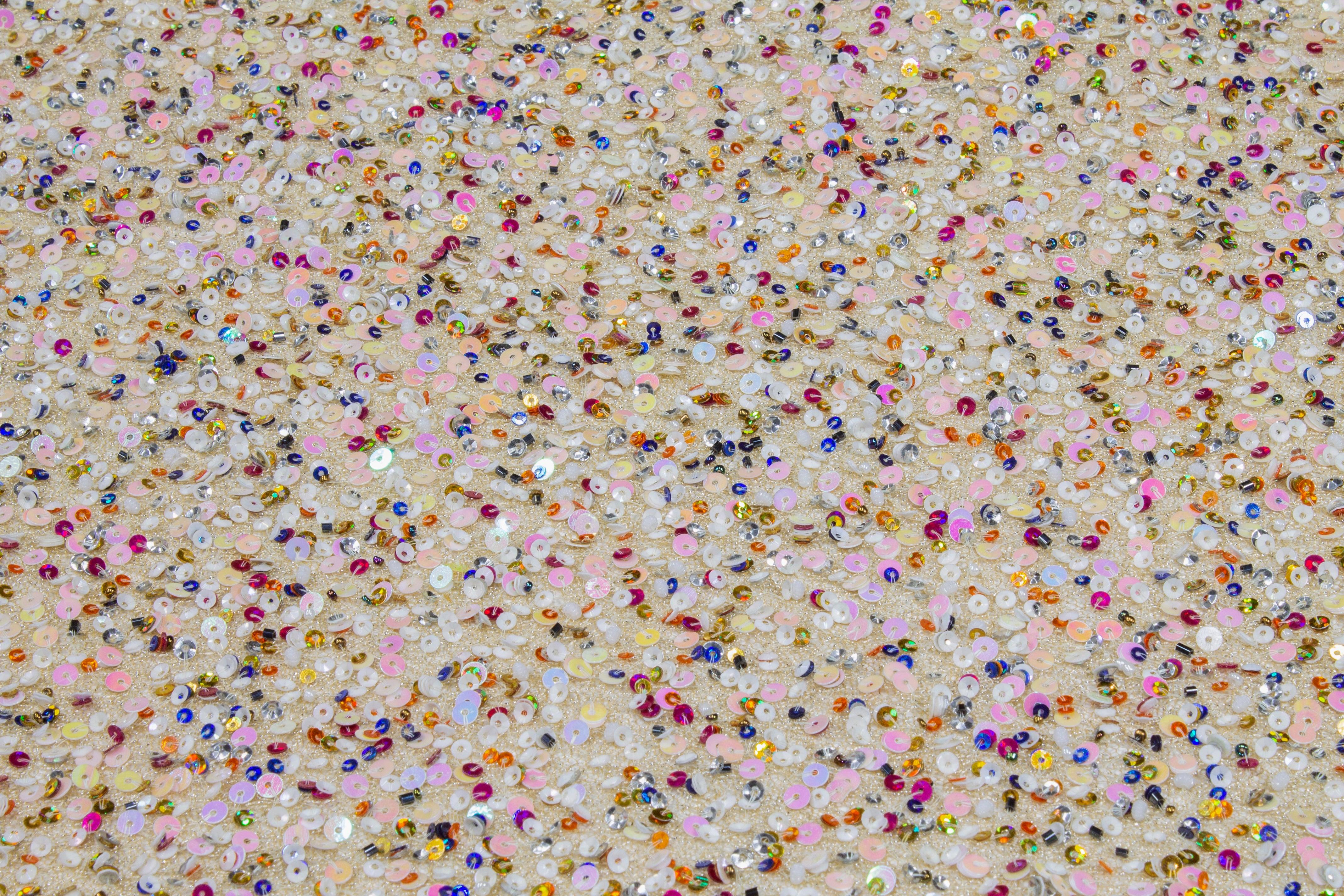 Hand Sequined Metallic Mesh - Beige Multicolor - Prime Fabrics