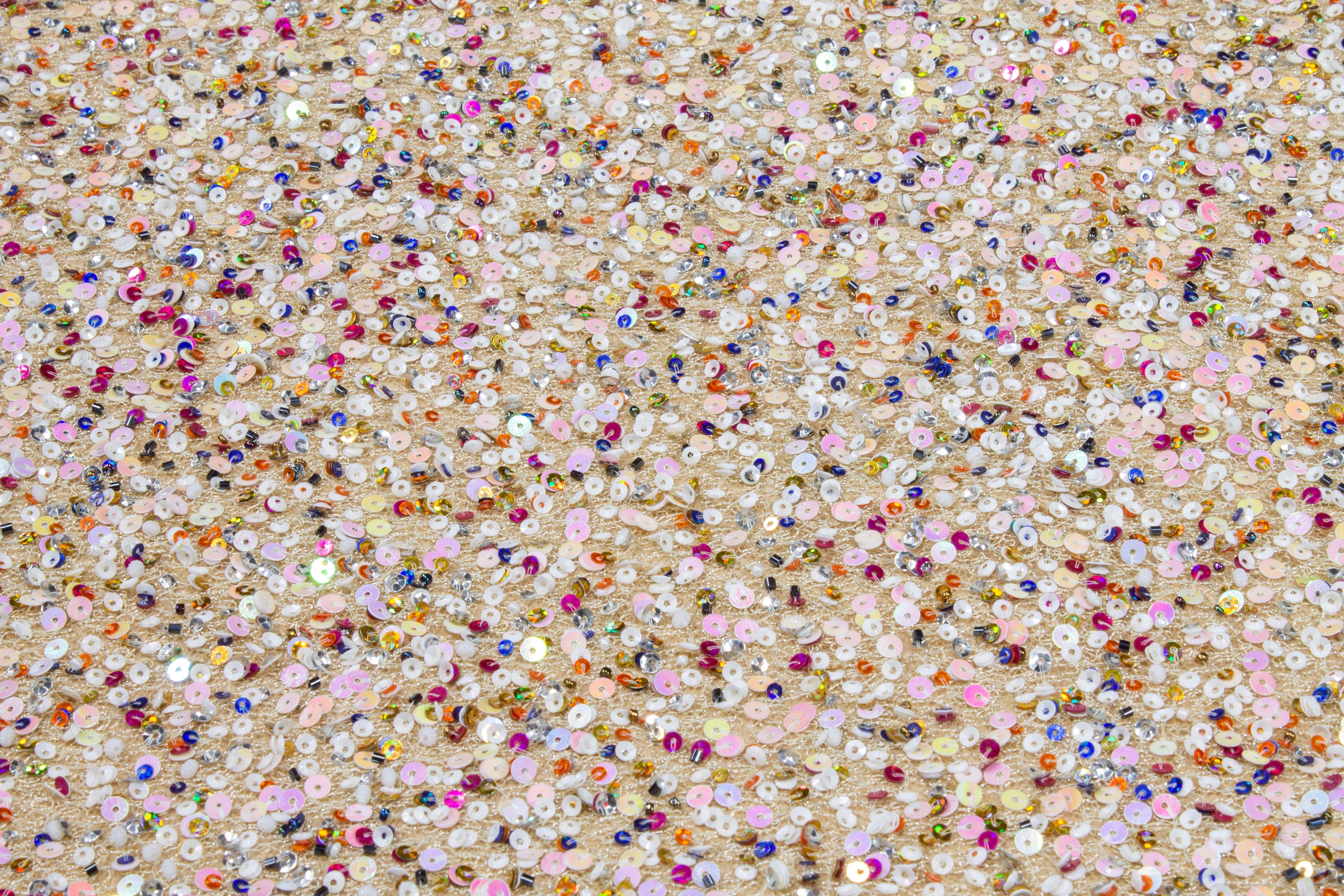 Hand Sequined Metallic Mesh - Beige Multicolor - Prime Fabrics