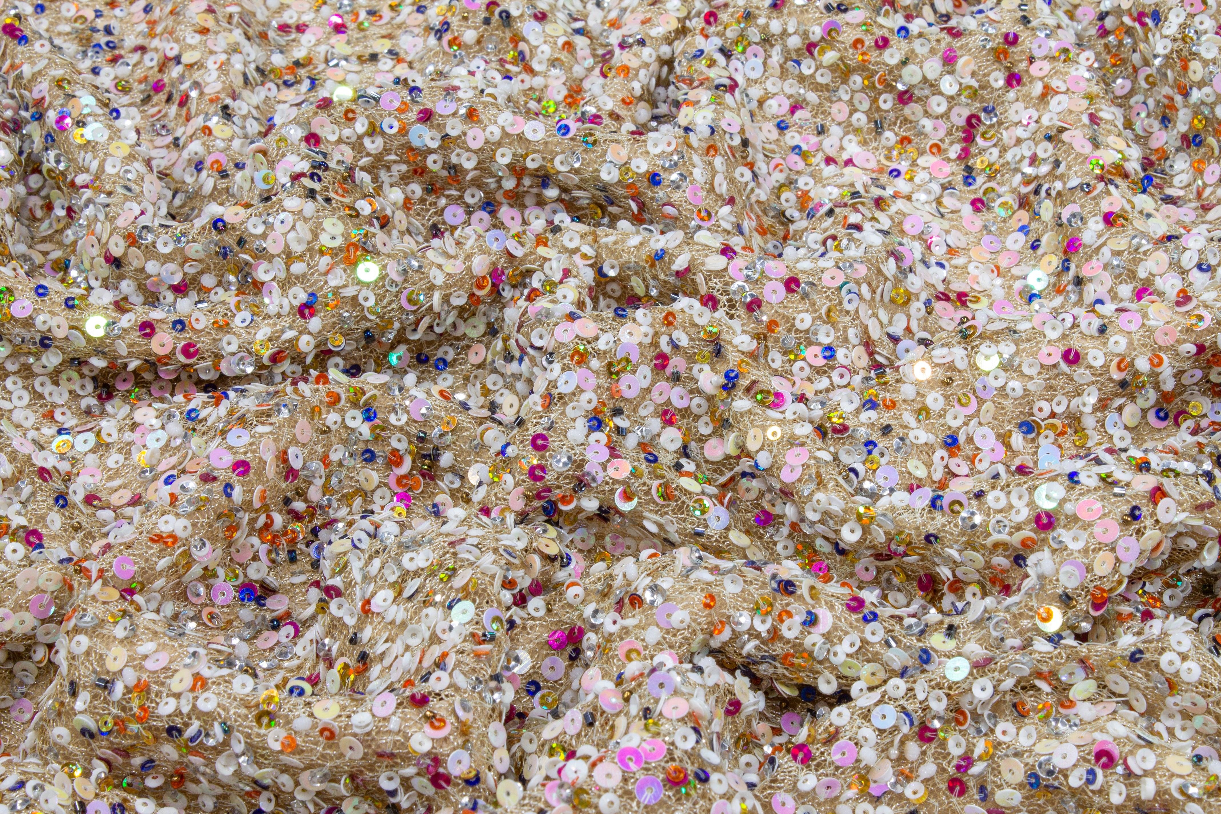 Hand Sequined Metallic Mesh - Beige Multicolor - Prime Fabrics
