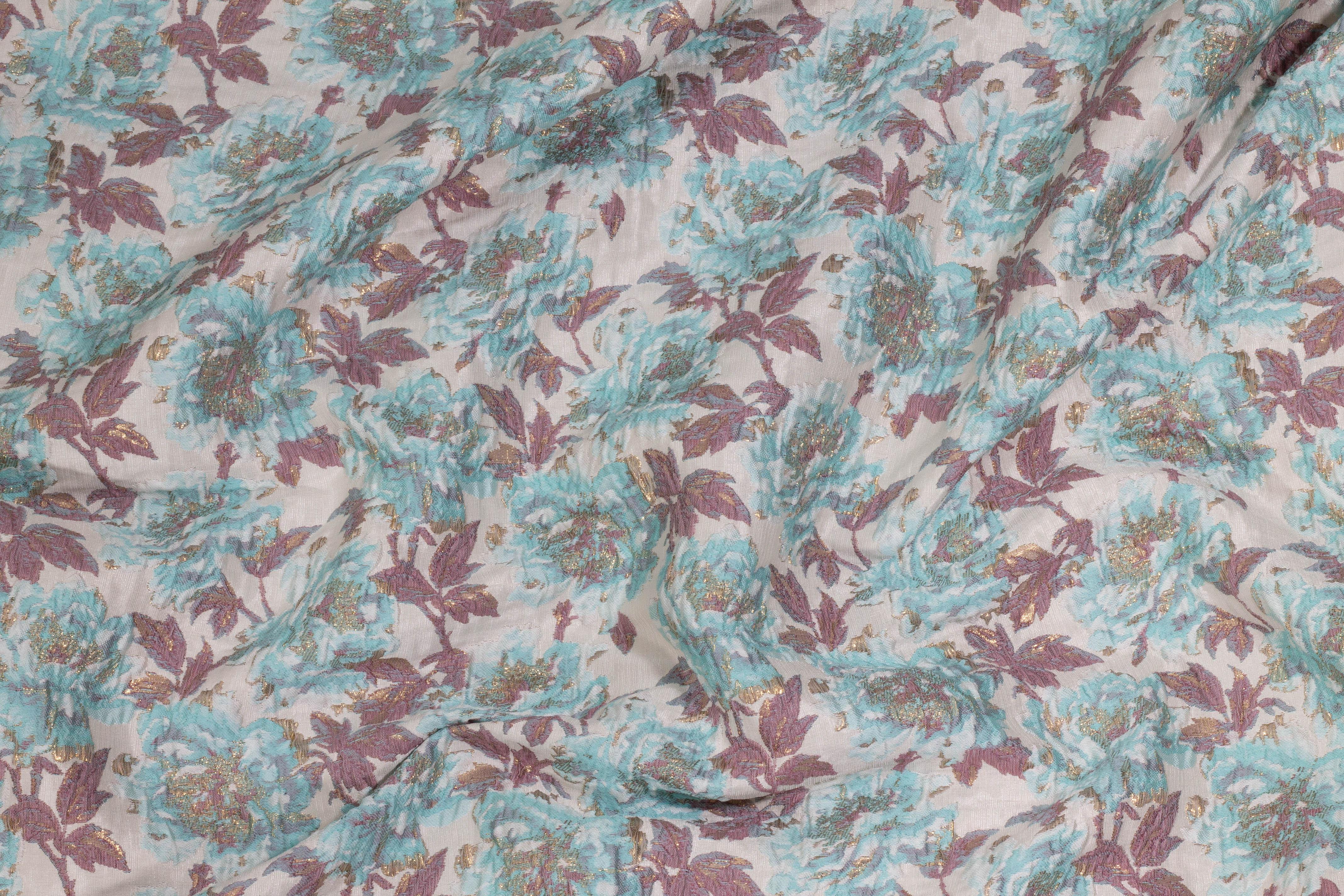 Aqua Green, Plum, and Off-White Metallic Floral Brocade - Prime Fabrics