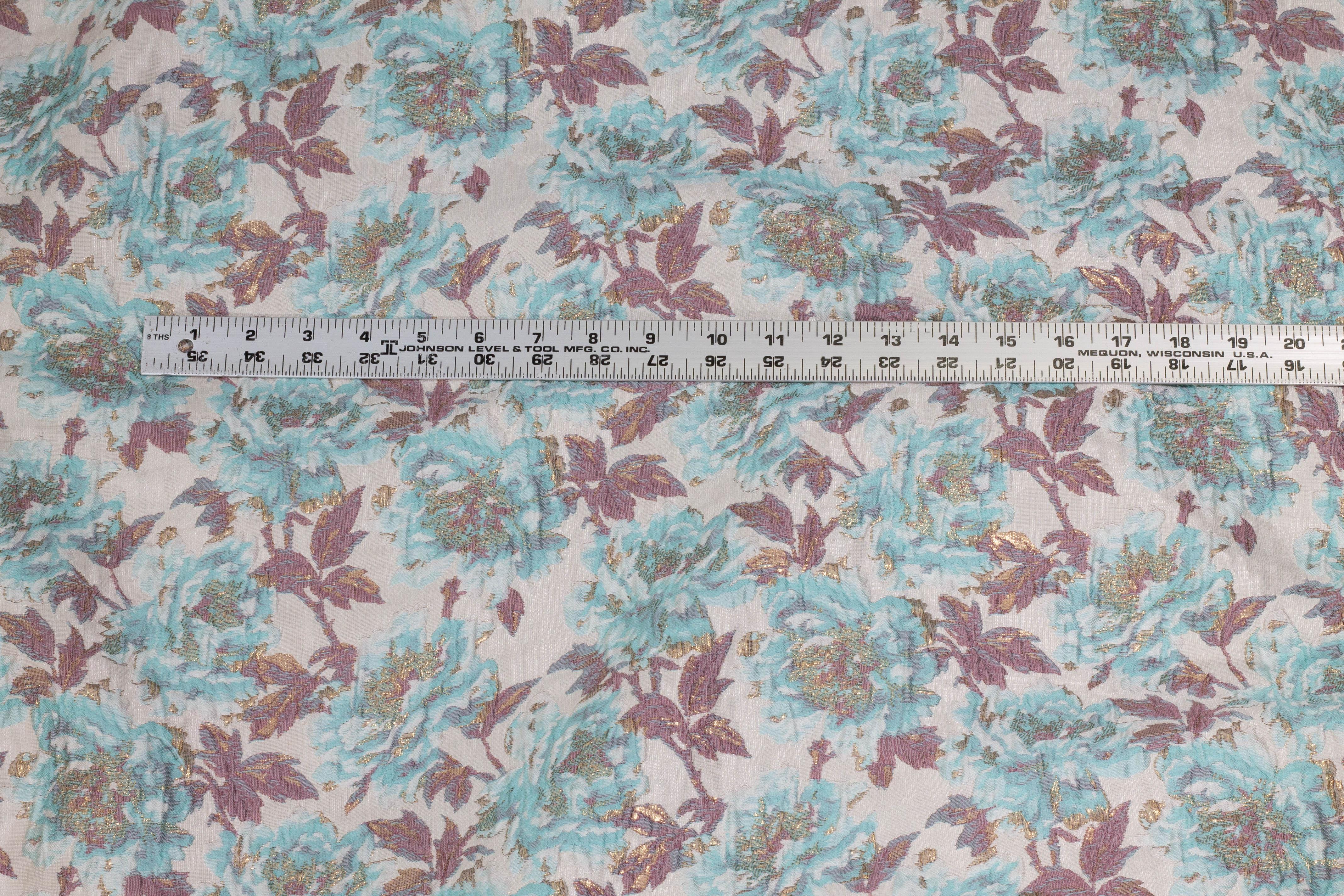 Aqua Green, Plum, and Off-White Metallic Floral Brocade - Prime Fabrics