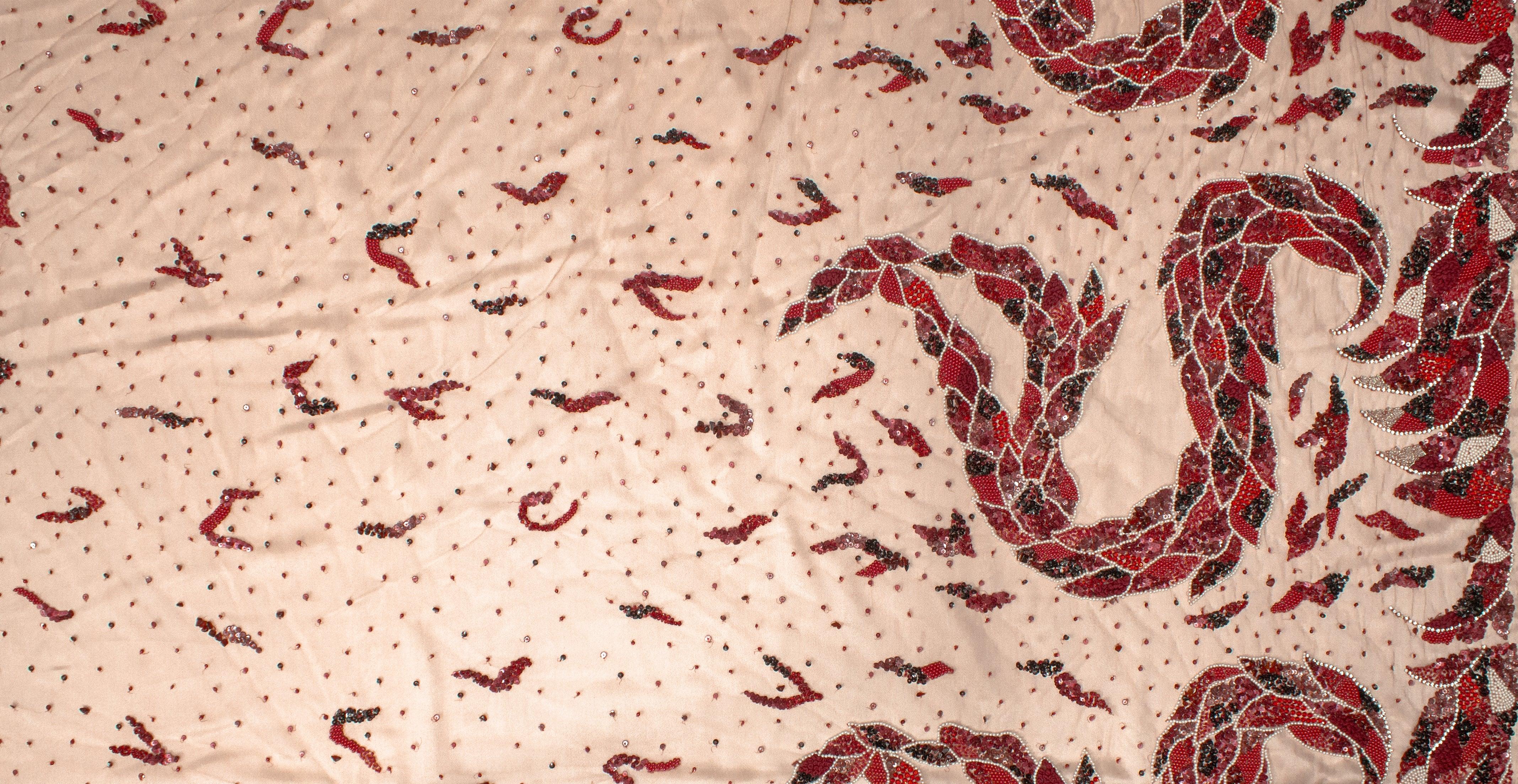 Snake Design Hand Beaded, Embroidered, and Sequined Mesh - Red - Prime Fabrics