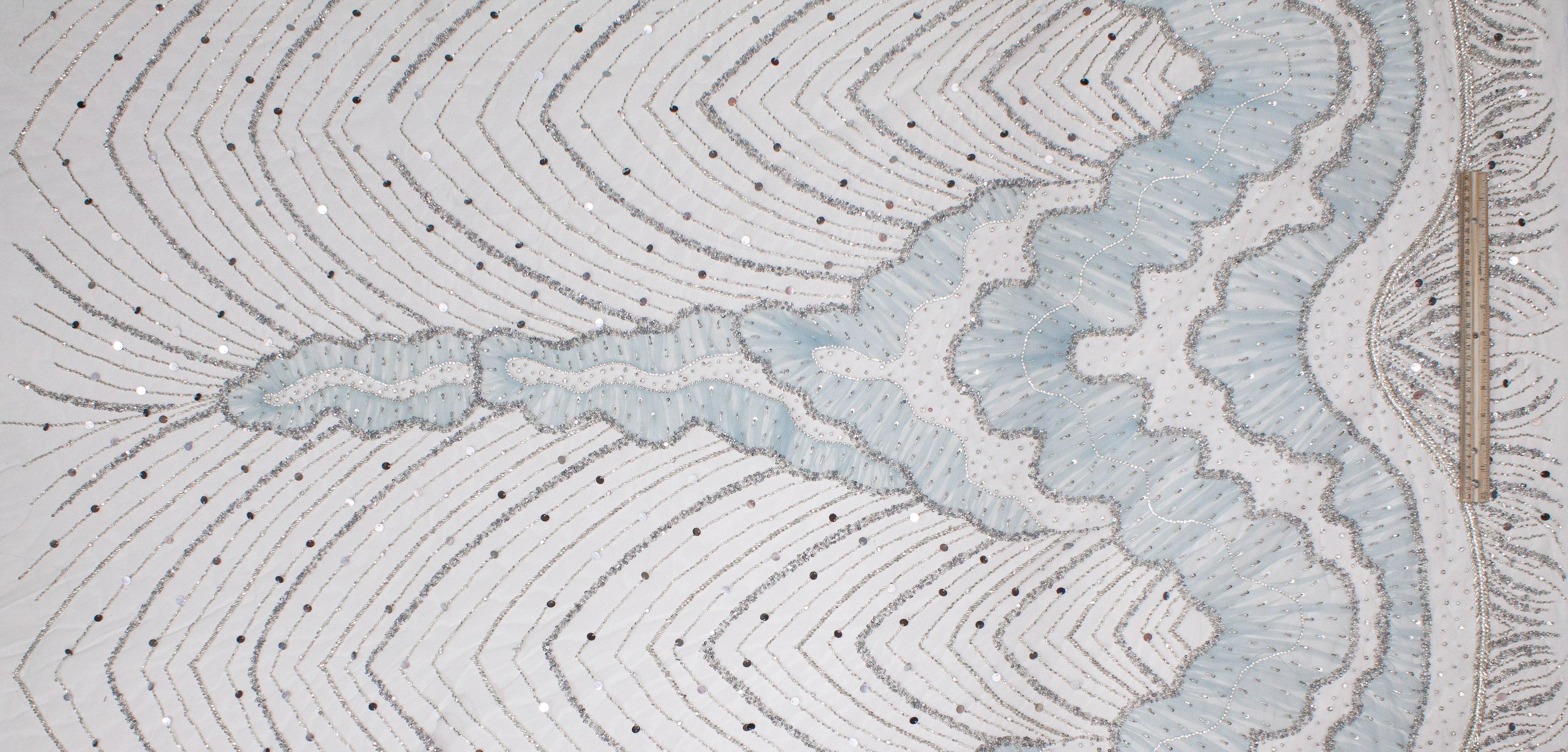 Hand Beaded, Sequined, and Pleated Mesh - Baby Blue - Prime Fabrics