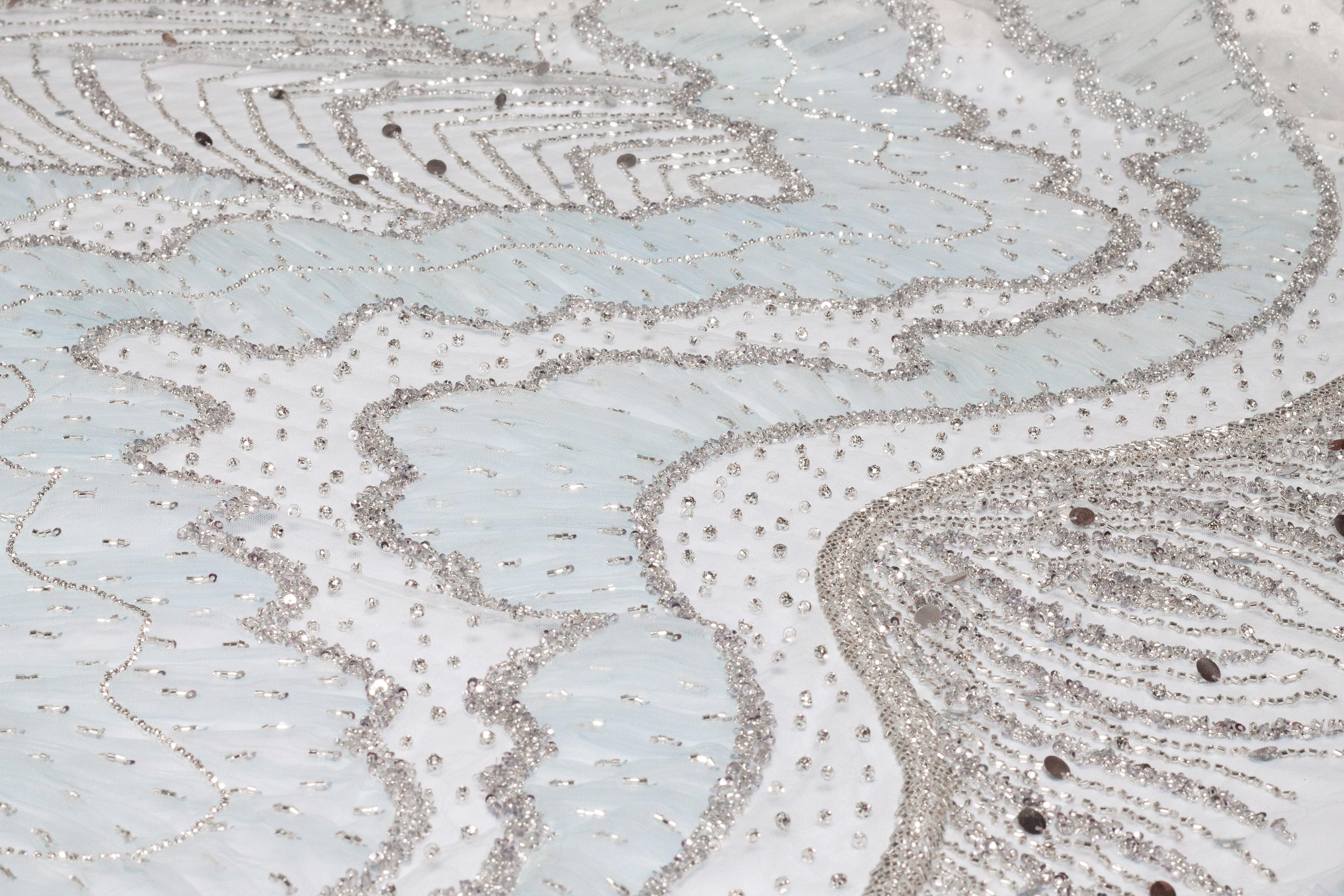 Hand Beaded, Sequined, and Pleated Mesh - Baby Blue - Prime Fabrics