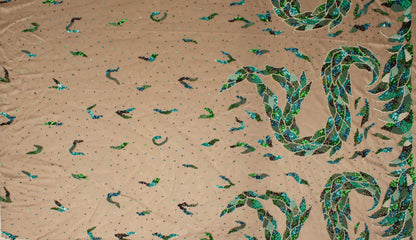 Snake Design Hand Beaded, Embroidered, and Sequined Mesh - Green/Teal - Prime Fabrics