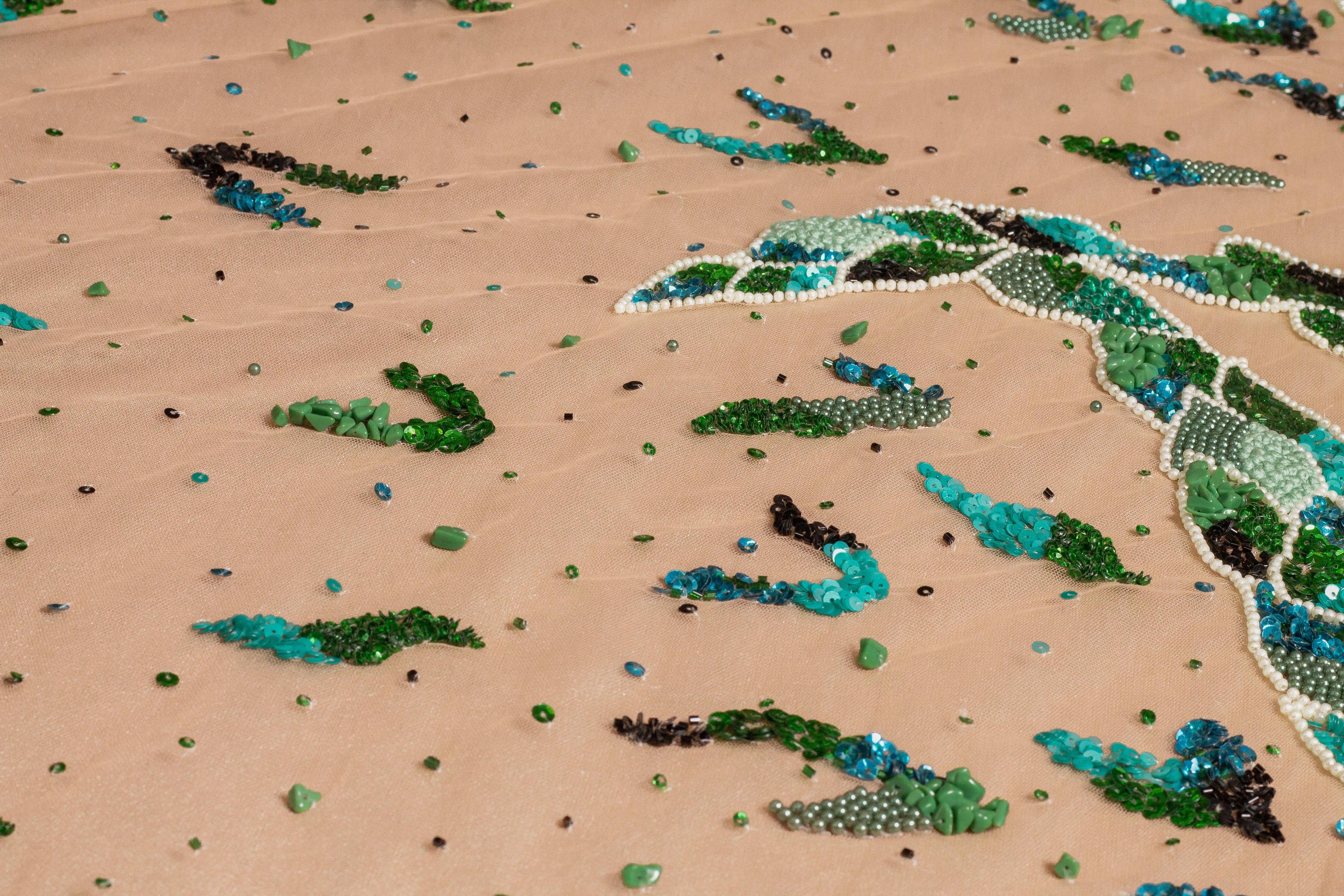 Snake Design Hand Beaded, Embroidered, and Sequined Mesh - Green/Teal - Prime Fabrics