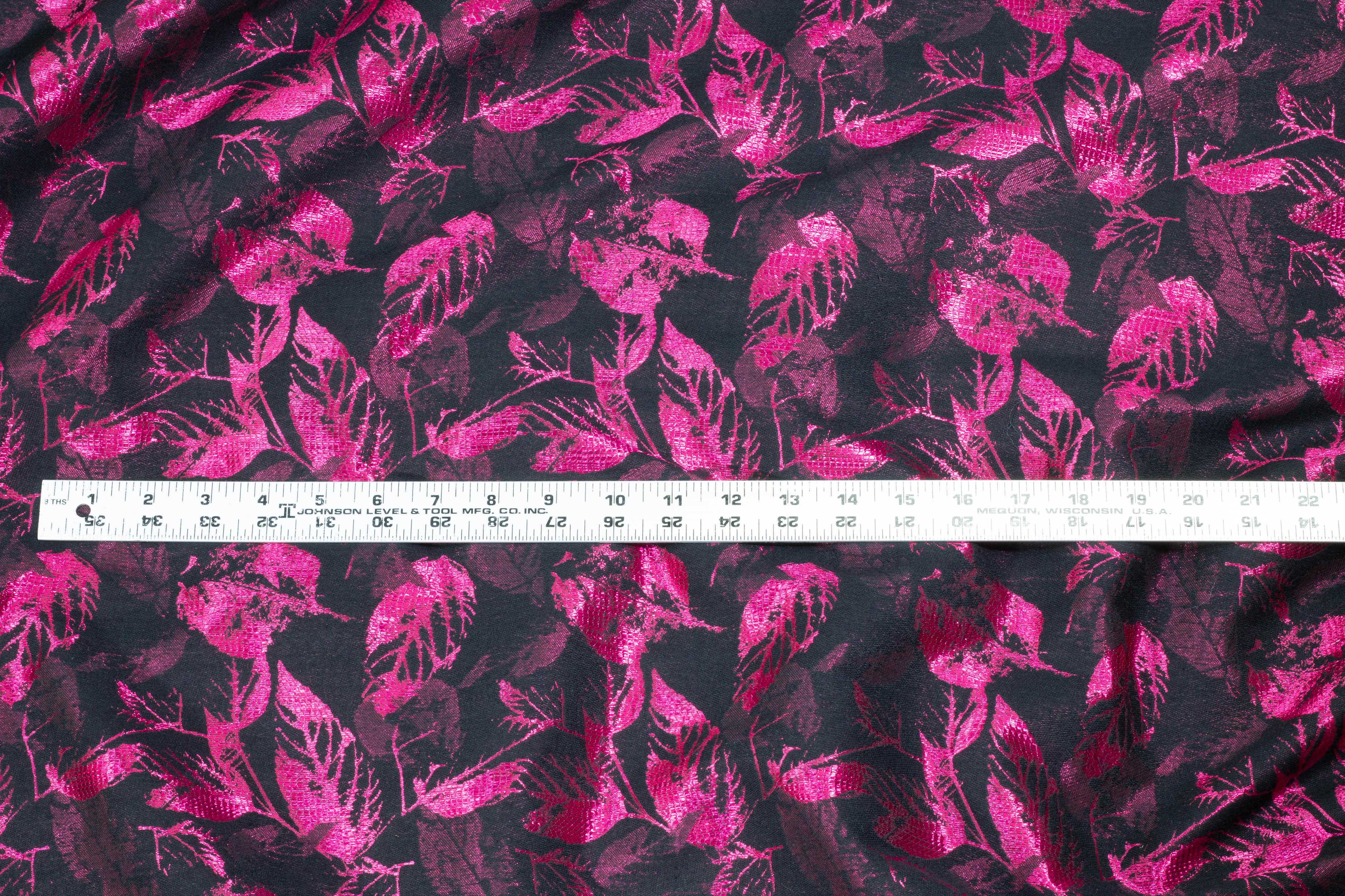 Magenta and Black Leaf Design Brocade - Prime Fabrics