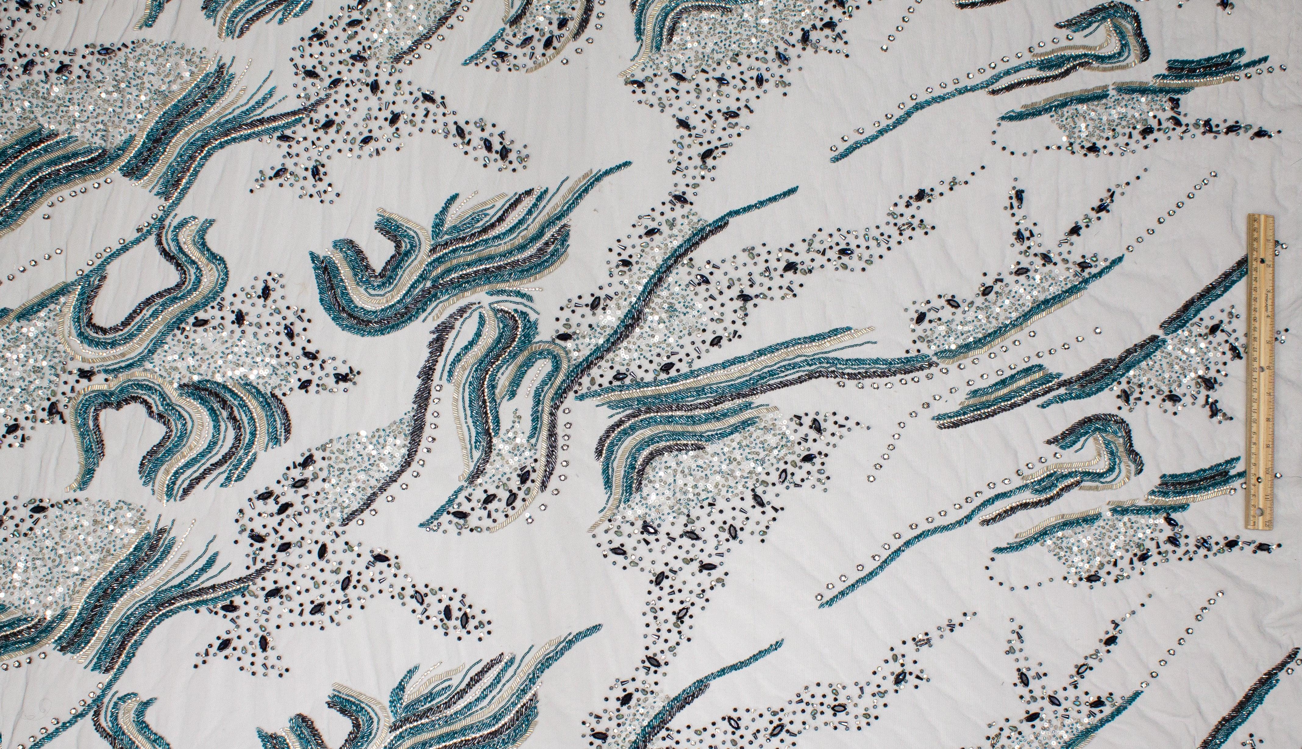 Hand Beaded and Sequined Mesh - Blue - Prime Fabrics