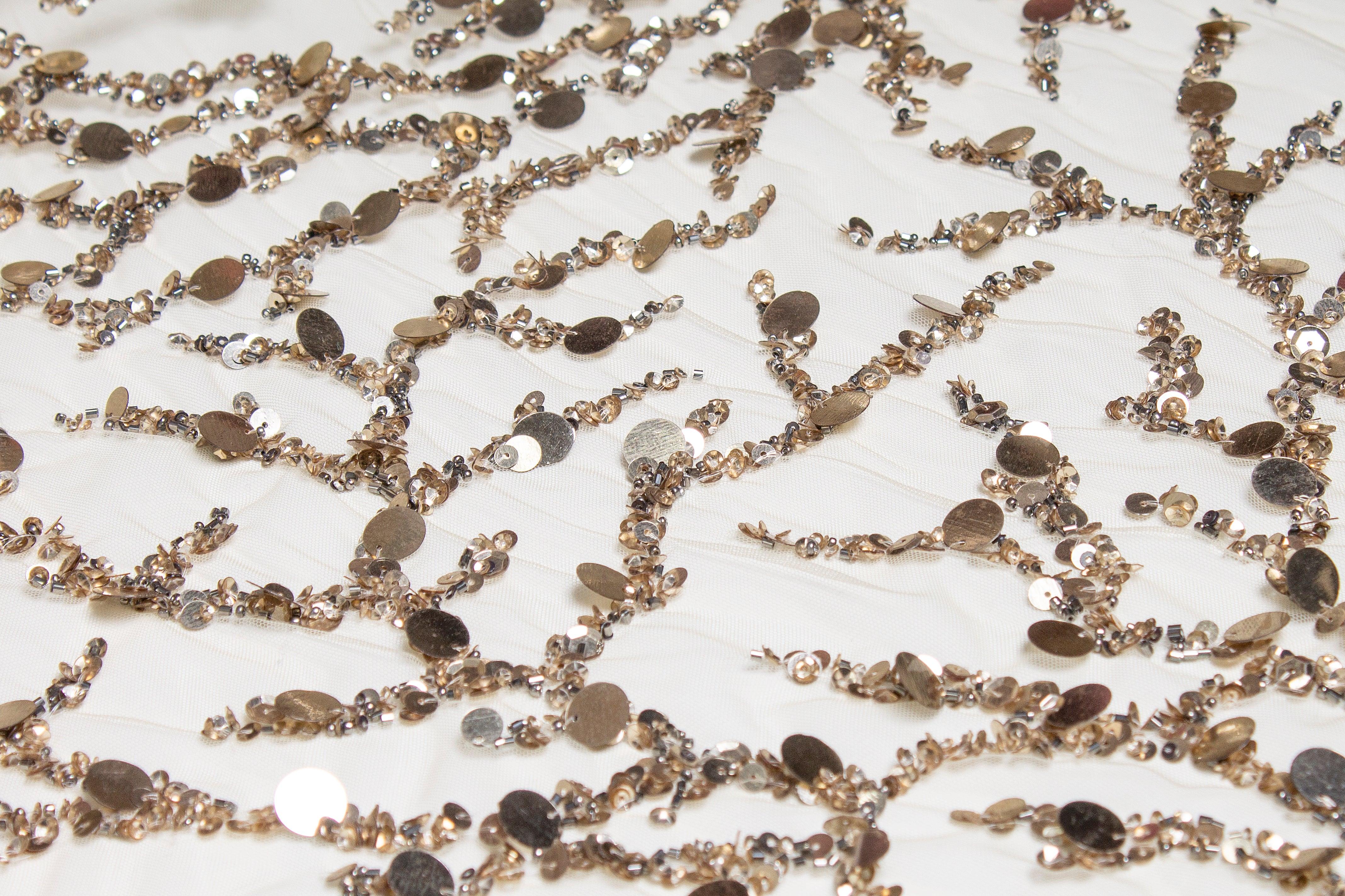 Branch Design Hand Beaded and Sequined Mesh - Taupe - Prime Fabrics