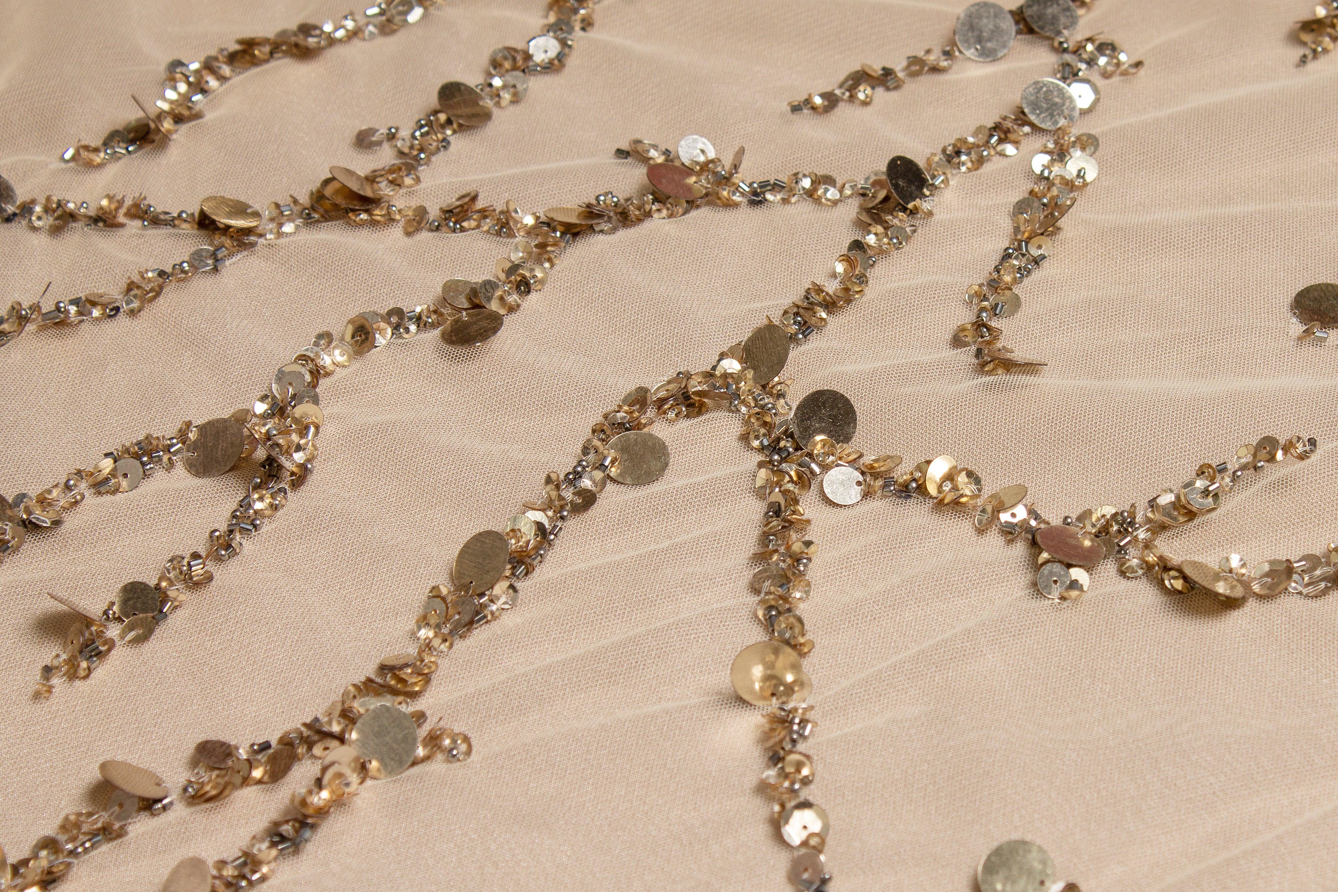 Branch Design Hand Beaded and Sequined Mesh - Taupe - Prime Fabrics