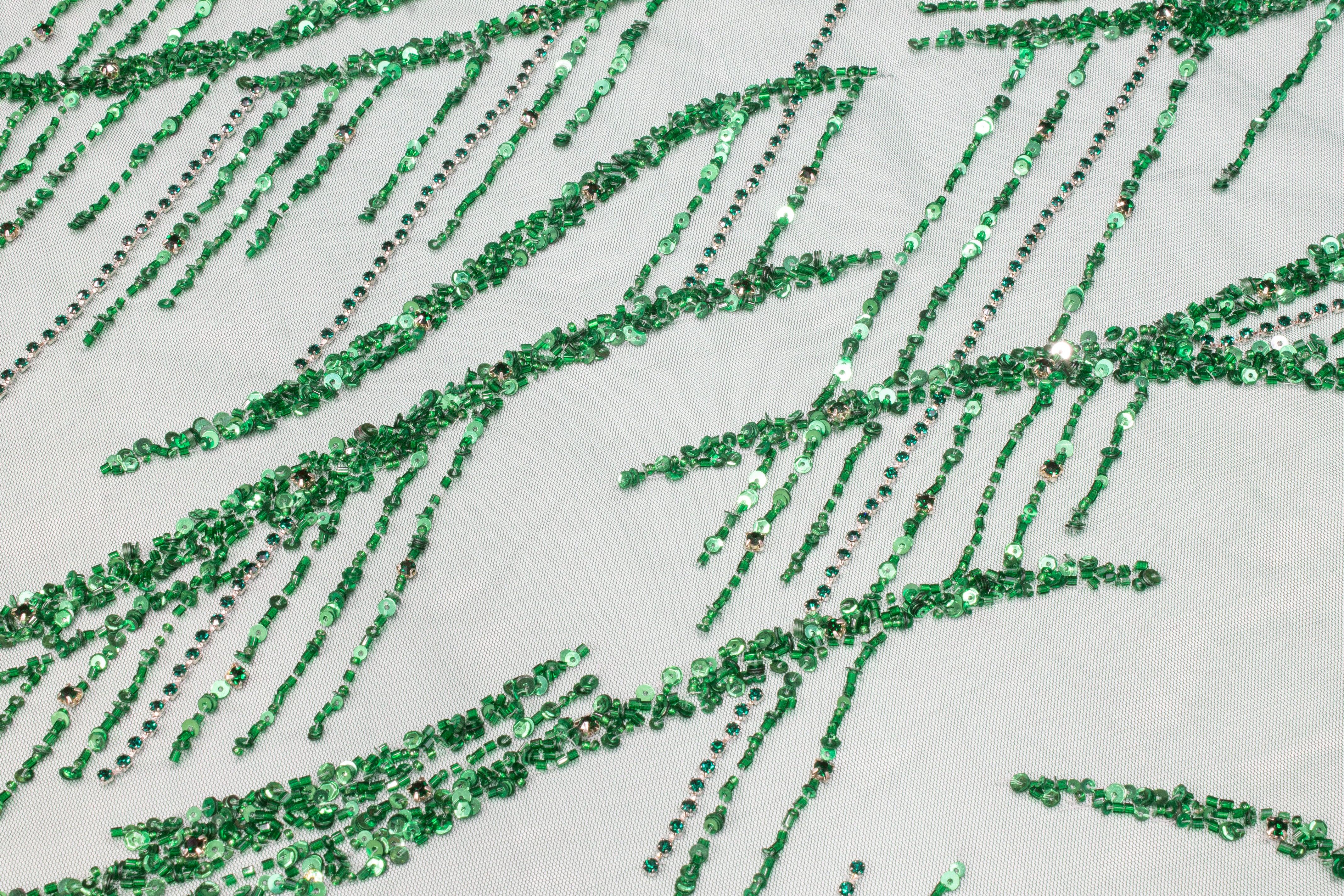 Hand Beaded and Sequined Mesh - Green - Prime Fabrics