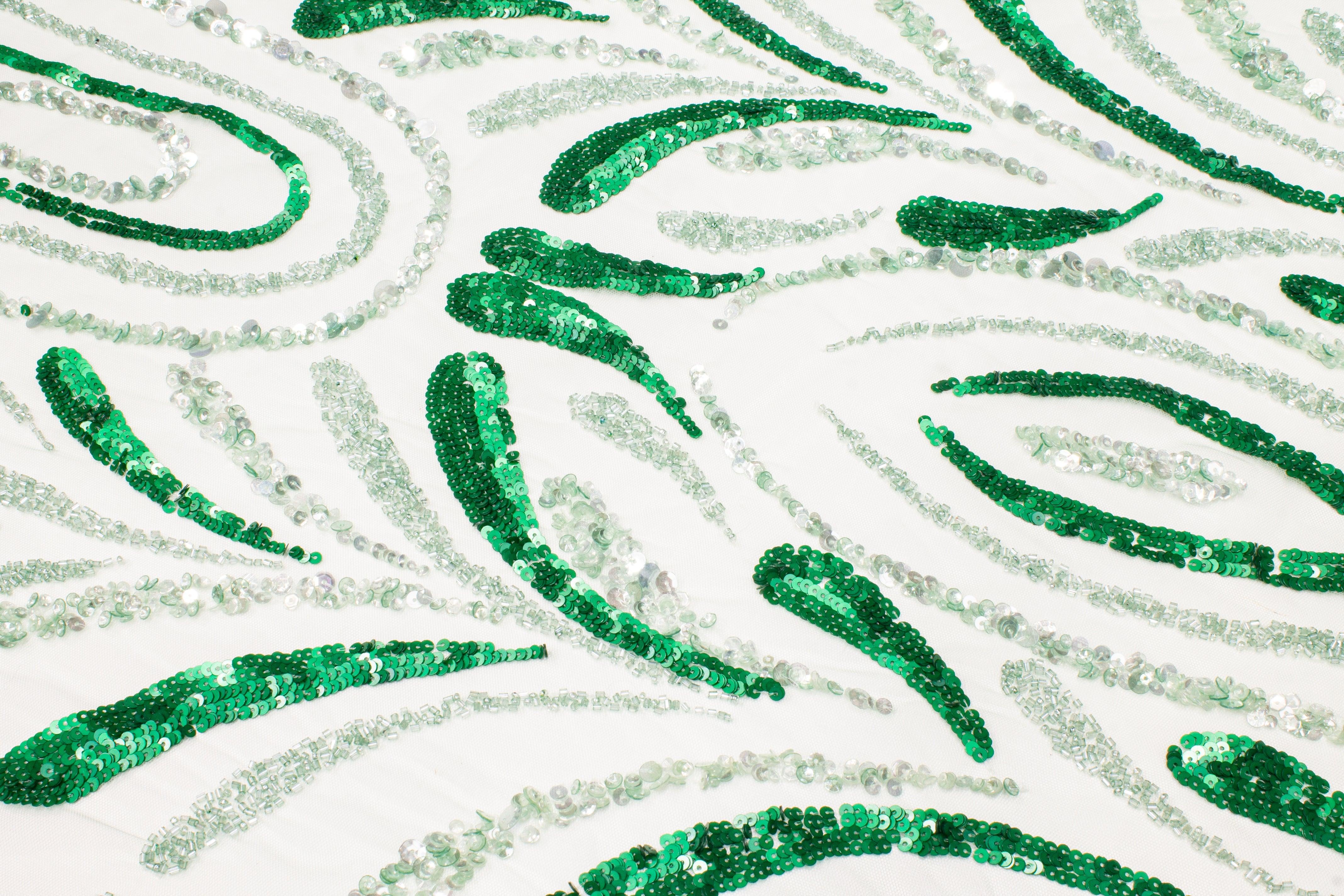 Hand Beaded and Sequined Mesh - Green and Silver - Prime Fabrics