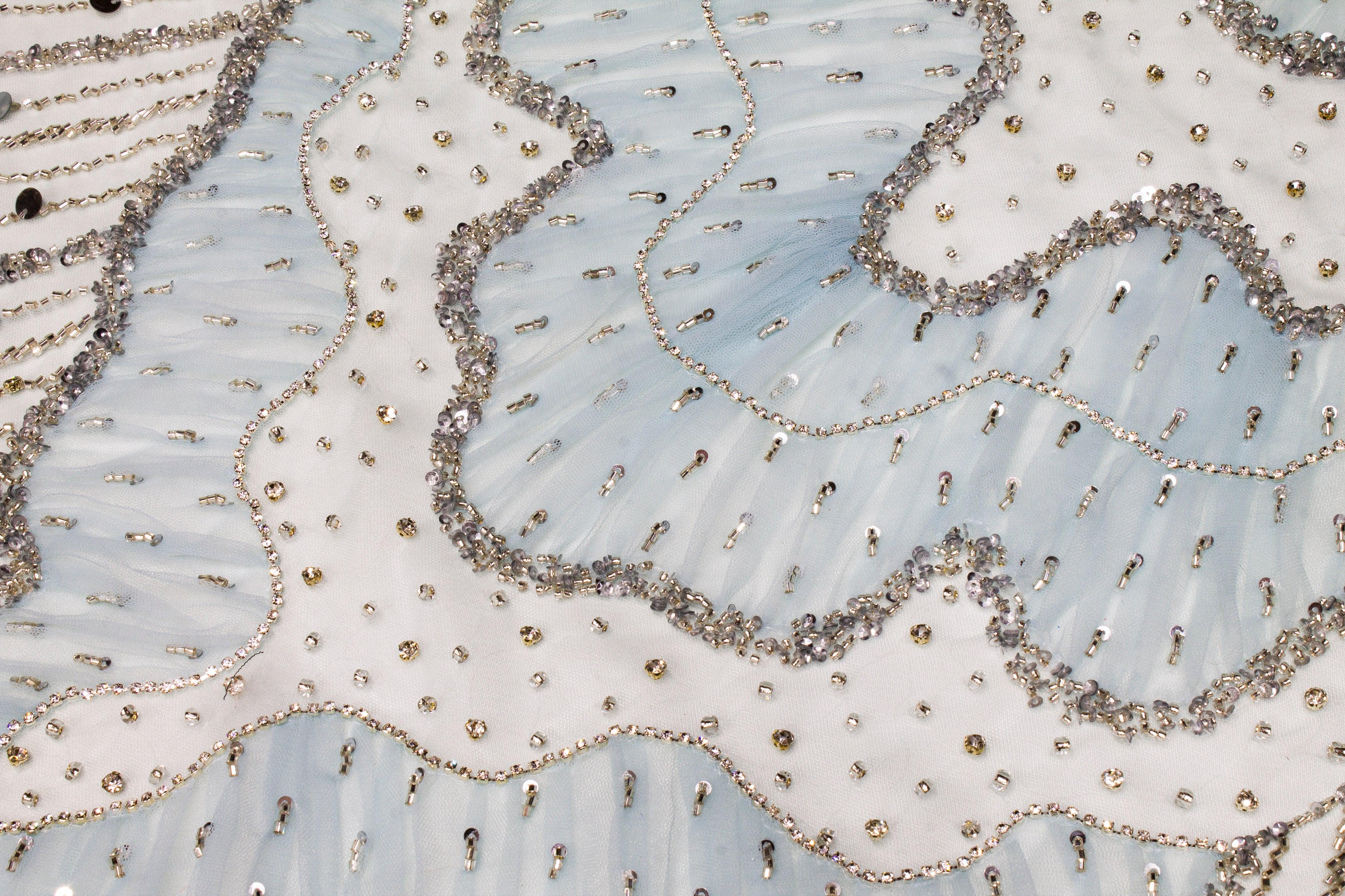 Hand Beaded, Sequined, and Pleated Mesh - Baby Blue - Prime Fabrics