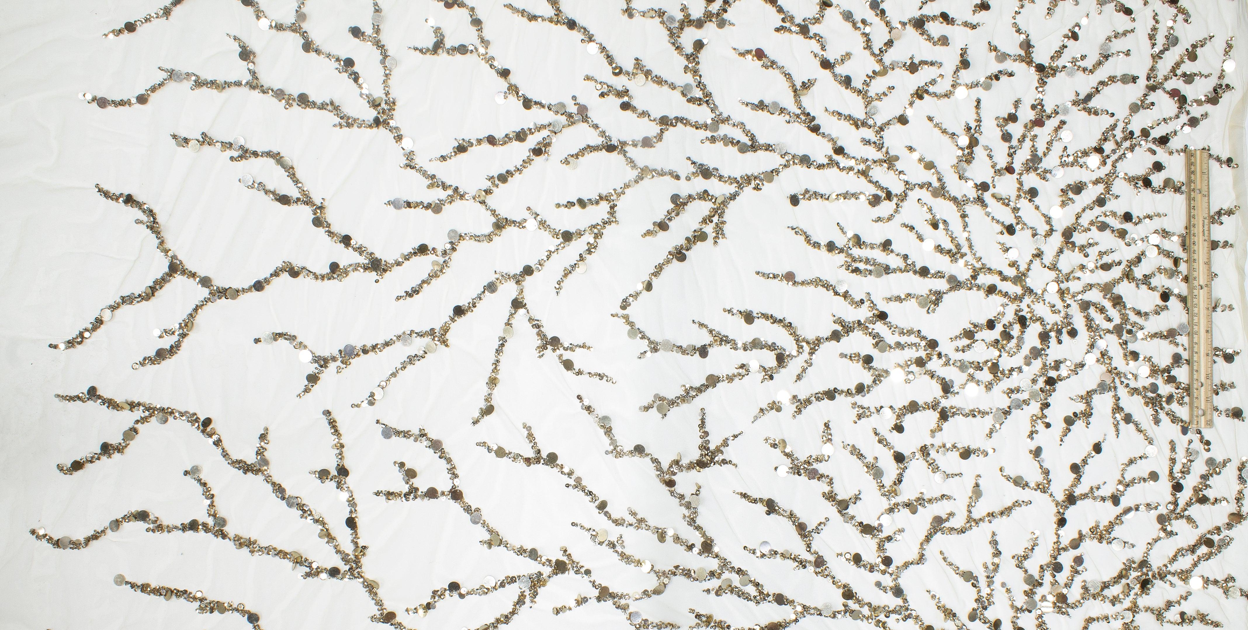 Branch Design Hand Beaded and Sequined Mesh - Taupe - Prime Fabrics