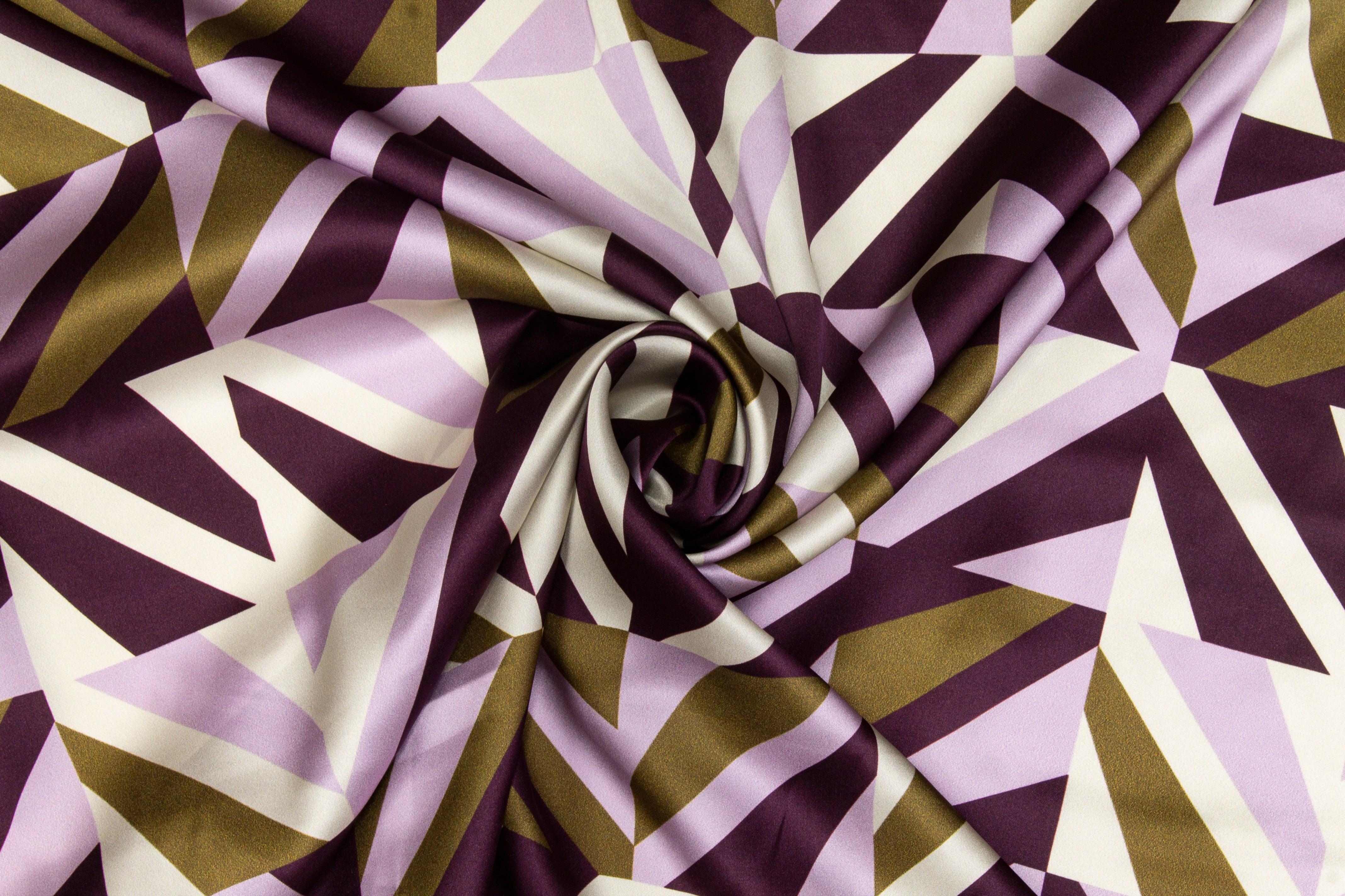 Geometric Italian Silk Charmeuse - Purple, Olive Green - Prime Fabrics