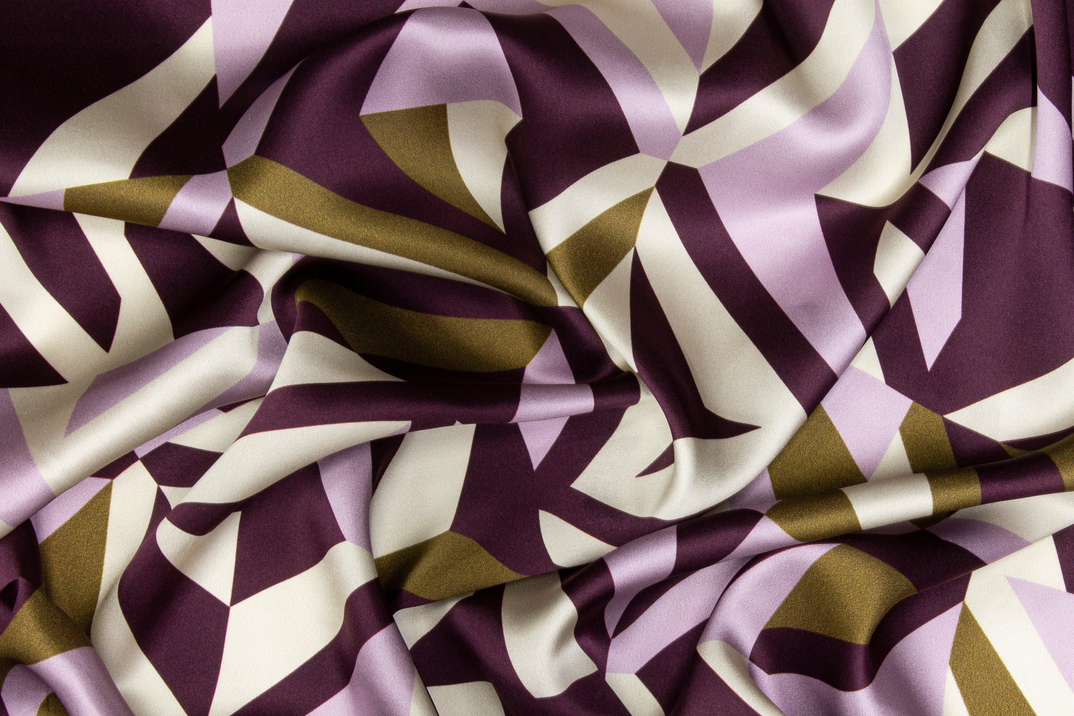Geometric Italian Silk Charmeuse - Purple, Olive Green - Prime Fabrics