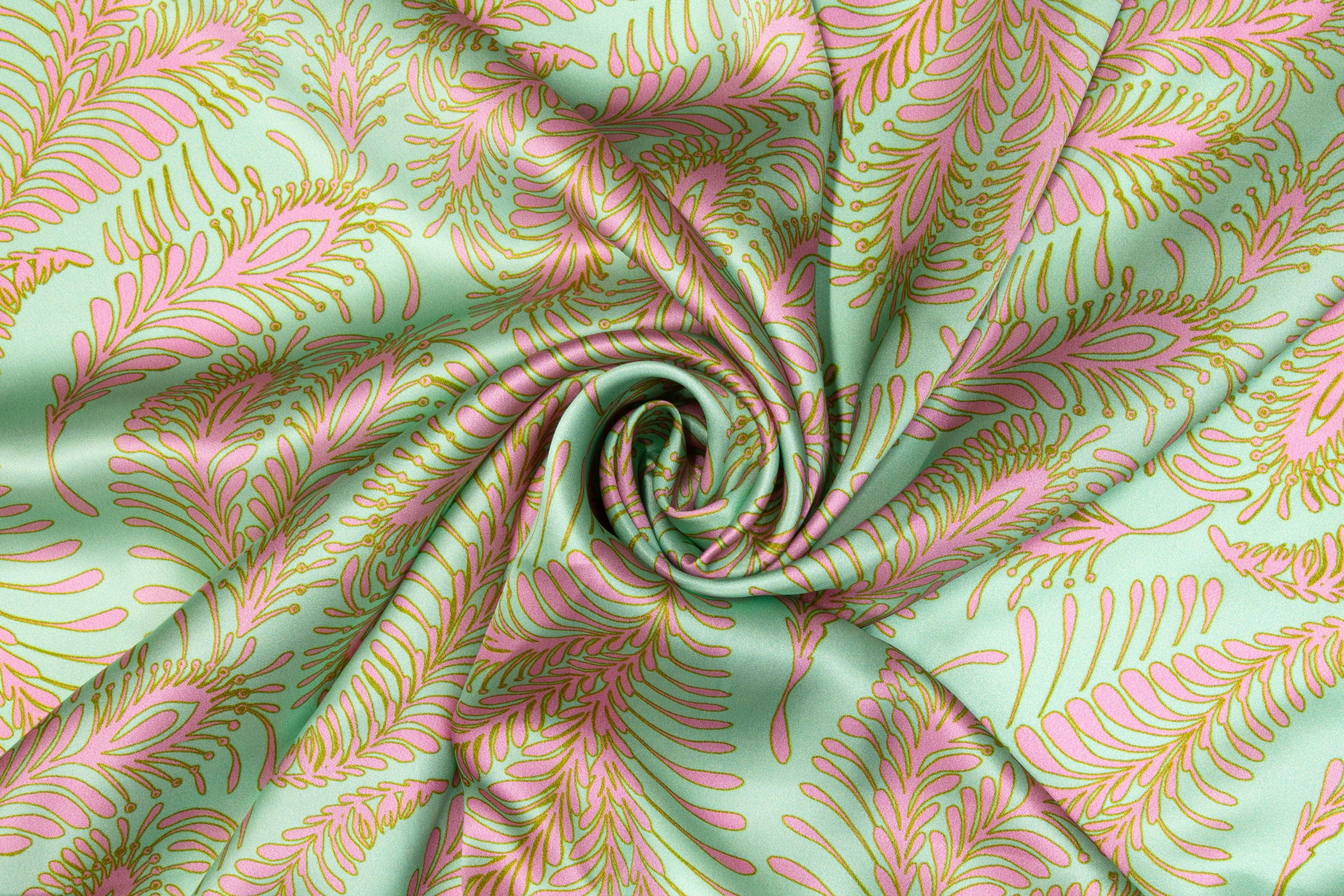 Abstract Italian Silk Charmeuse - Mint Green and Pink - Prime Fabrics
