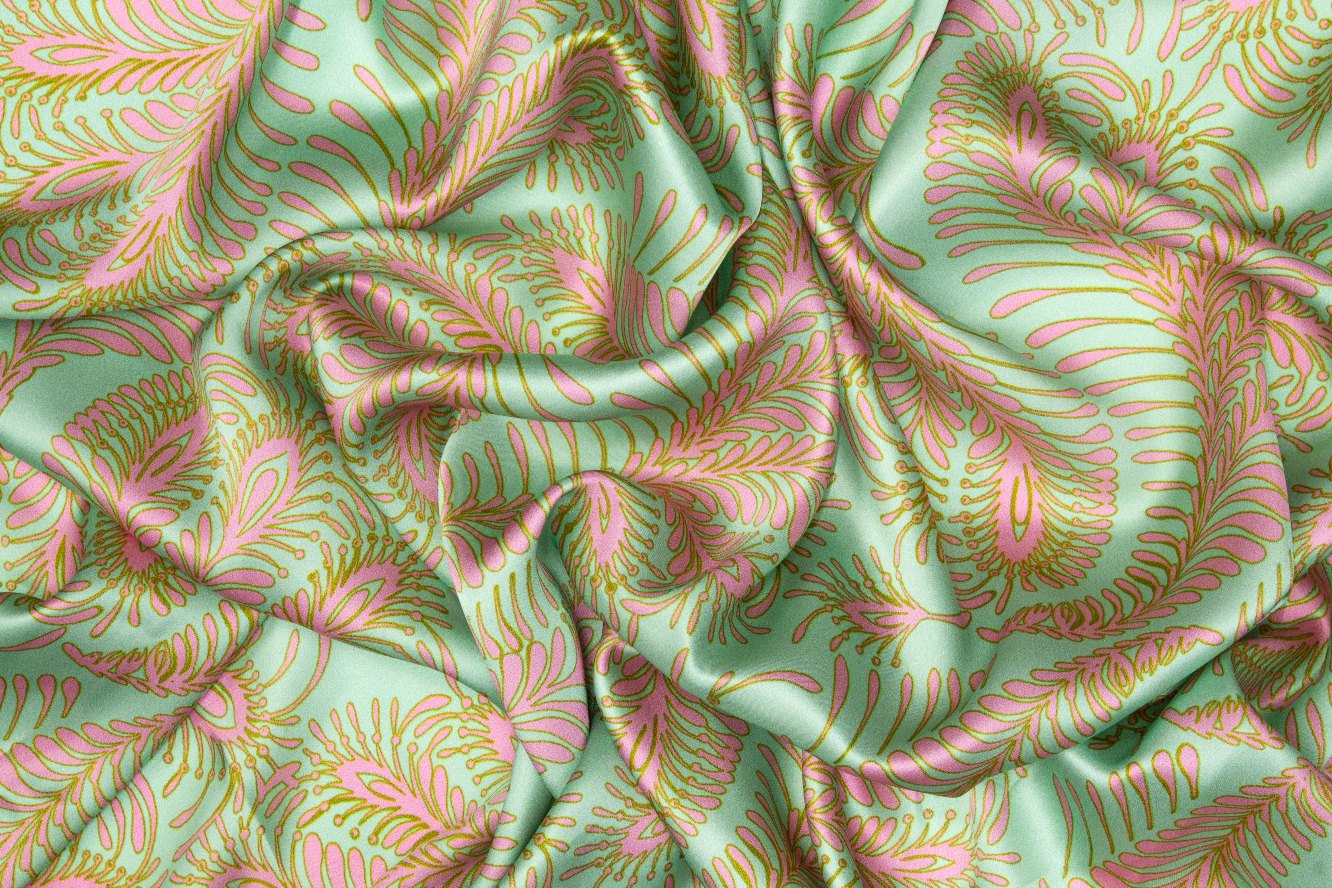 Abstract Italian Silk Charmeuse - Mint Green and Pink - Prime Fabrics