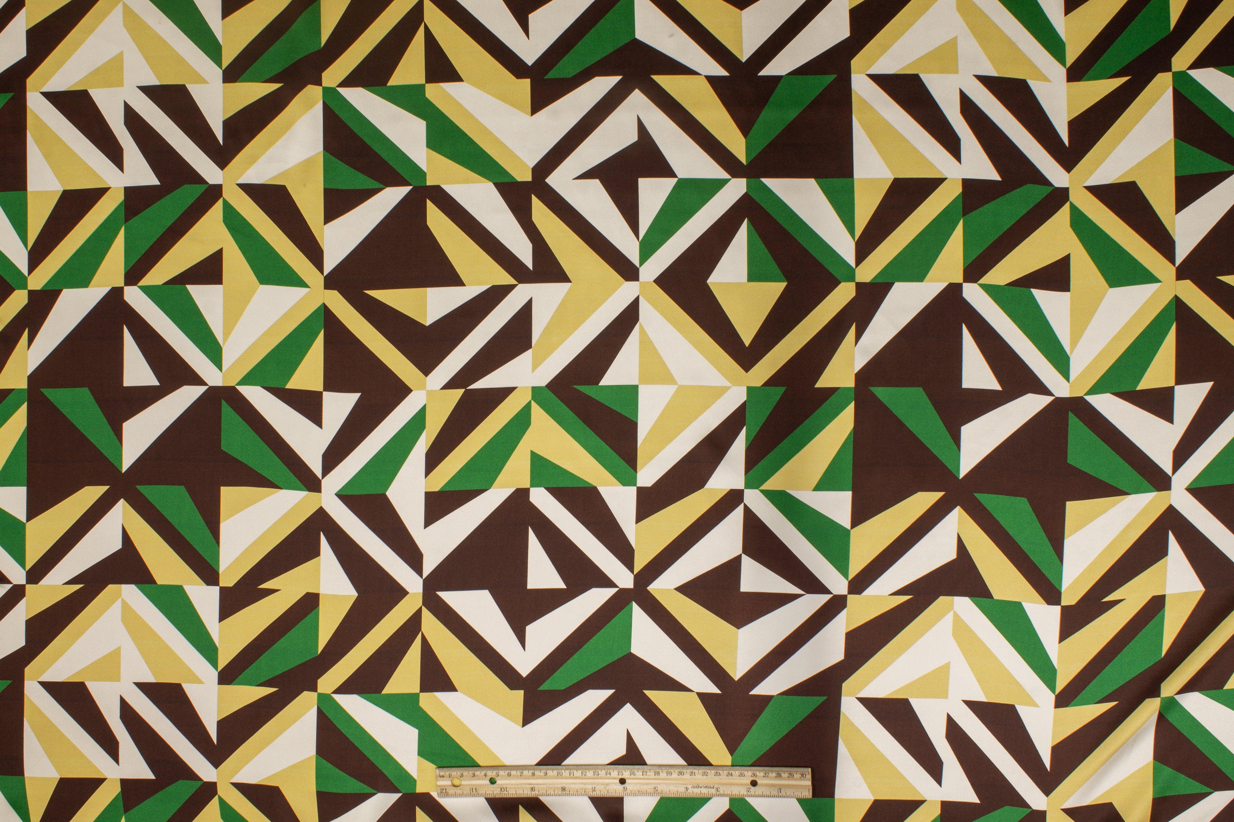 Geometric Italian Silk Charmeuse - Green, Brown, Gold - Prime Fabrics