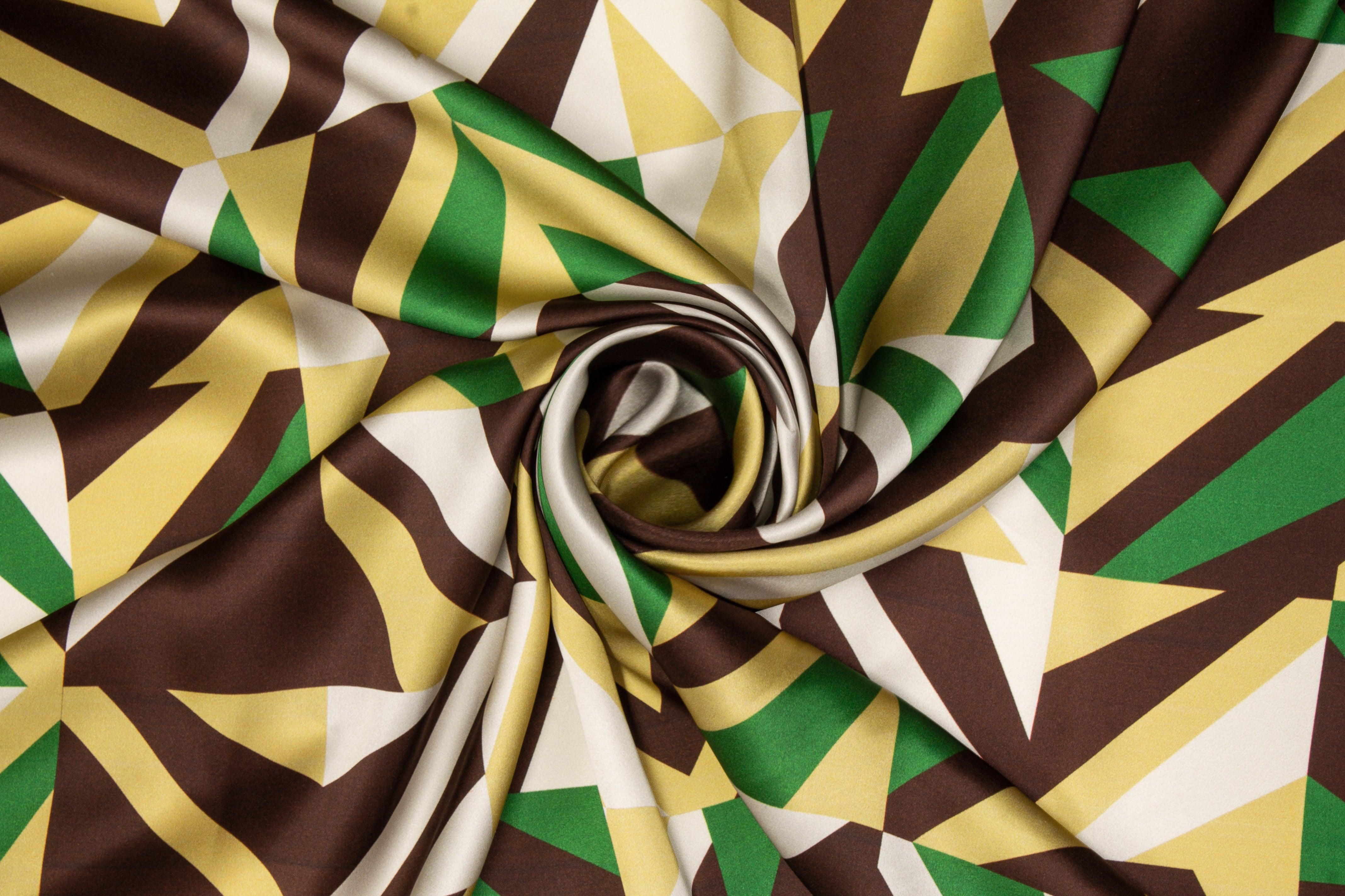 Geometric Italian Silk Charmeuse - Green, Brown, Gold - Prime Fabrics