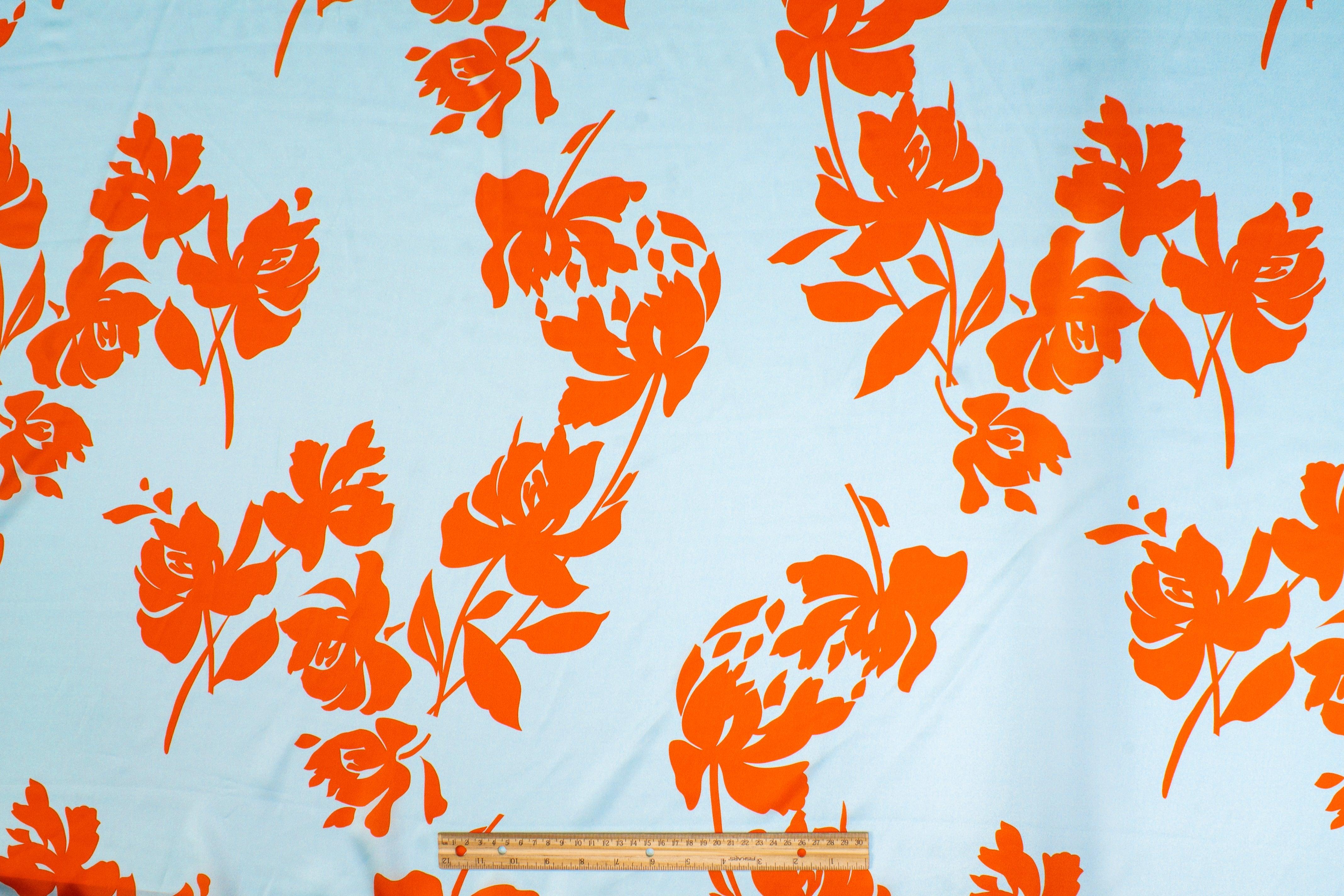 Floral Italian Silk Charmeuse - Blue and Orange - Prime Fabrics
