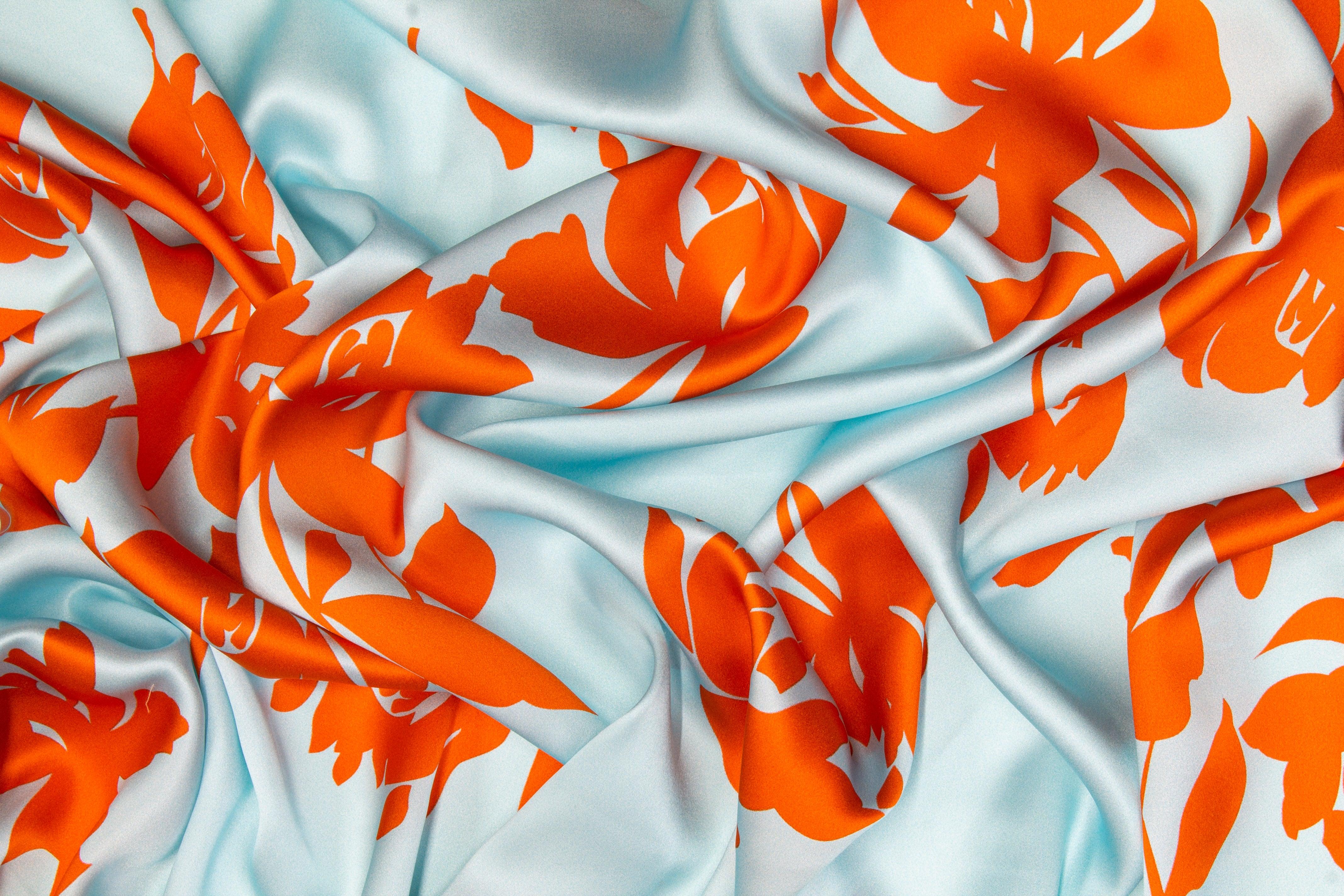 Floral Italian Silk Charmeuse - Blue and Orange - Prime Fabrics