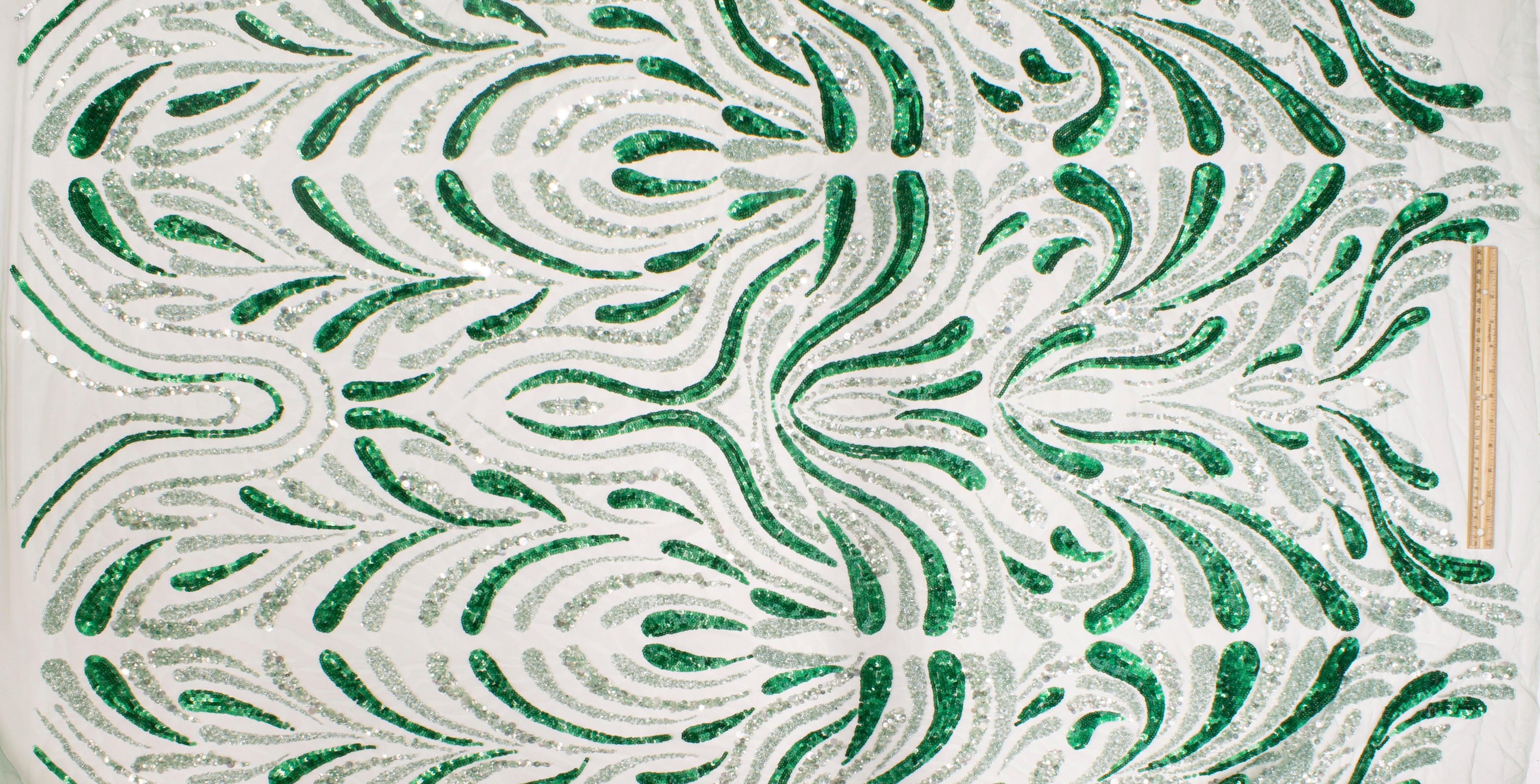 Hand Beaded and Sequined Mesh - Green and Silver - Prime Fabrics