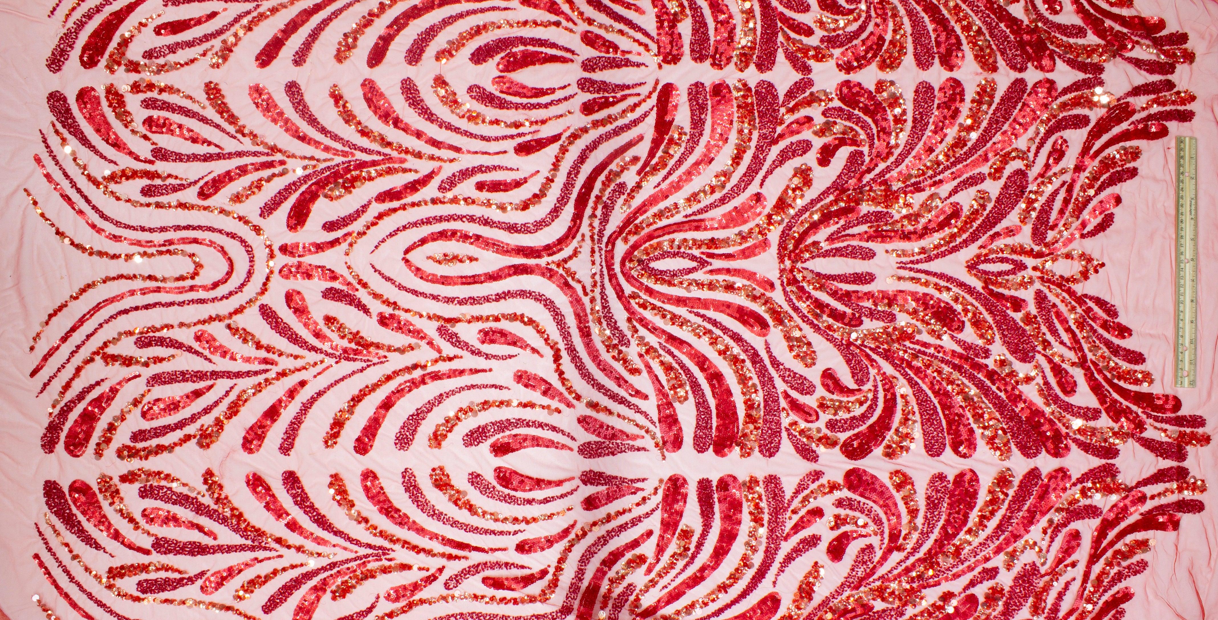 Hand Beaded and Sequined Mesh - Red - Prime Fabrics