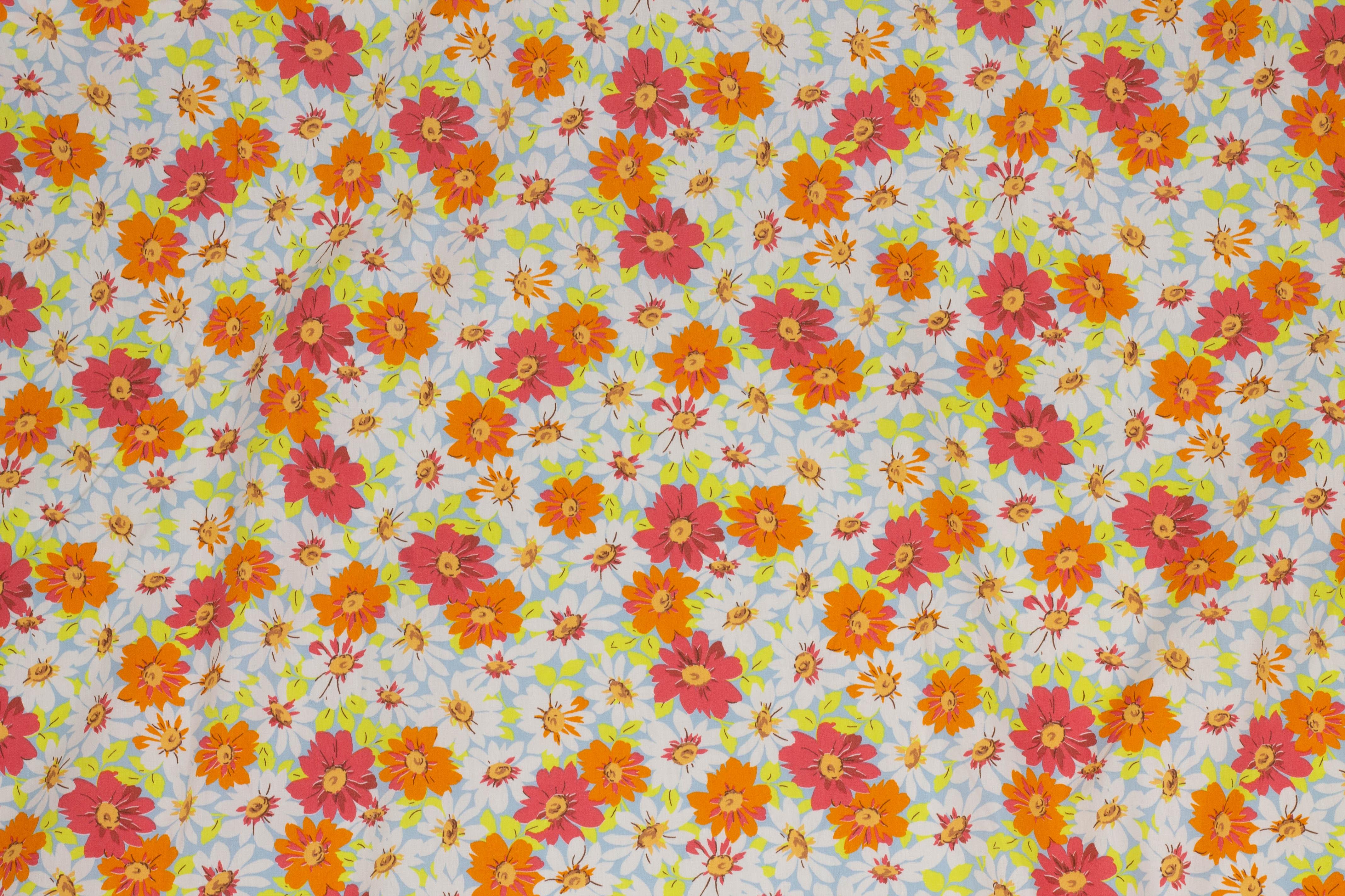 Orange, Yellow, White and Blue Daisy Floral Italian Cotton - Prime Fabrics