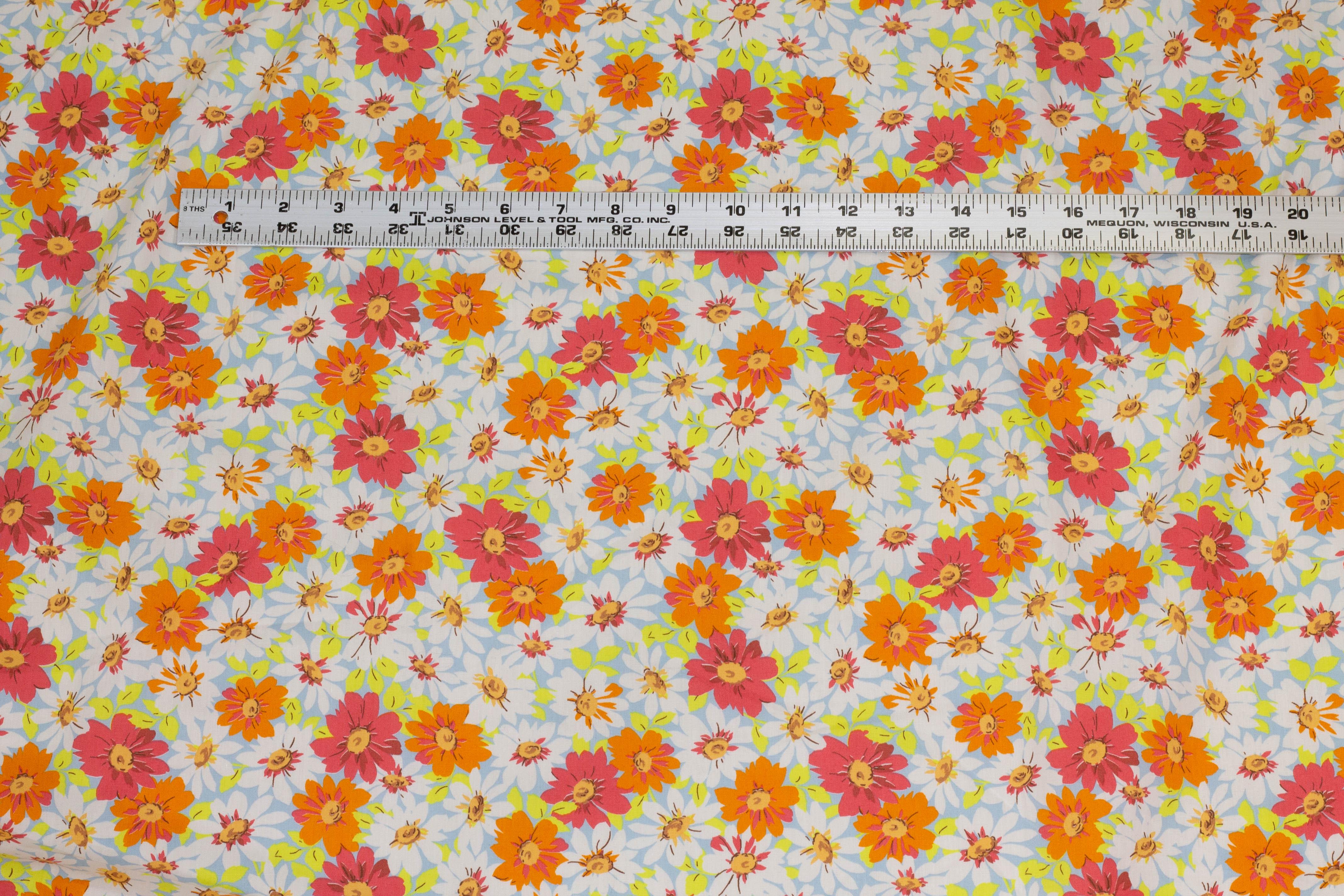 Orange, Yellow, White and Blue Daisy Floral Italian Cotton - Prime Fabrics