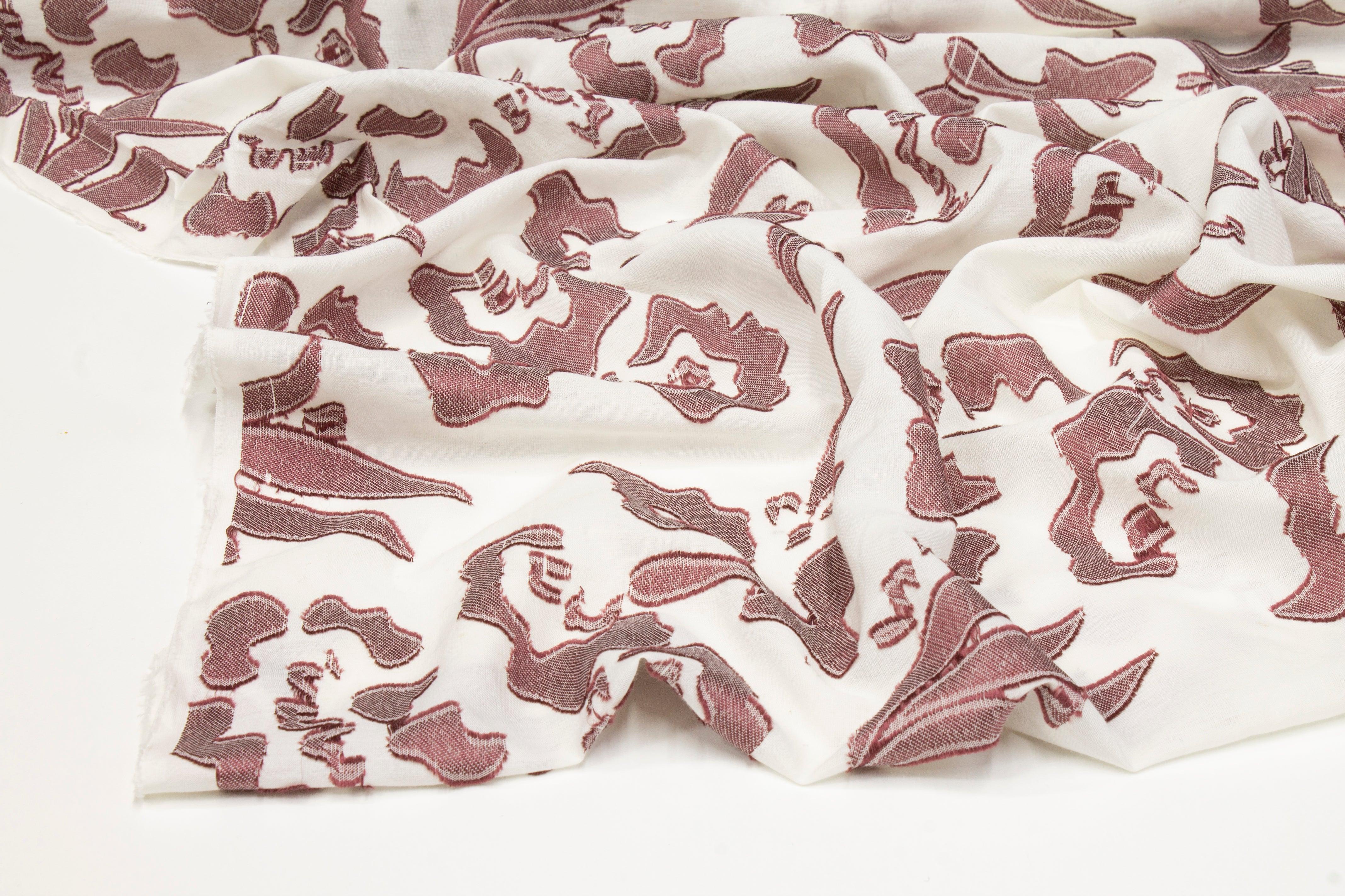 Abstract Burnout Cotton Voile - Dark Mauve and White - Prime Fabrics