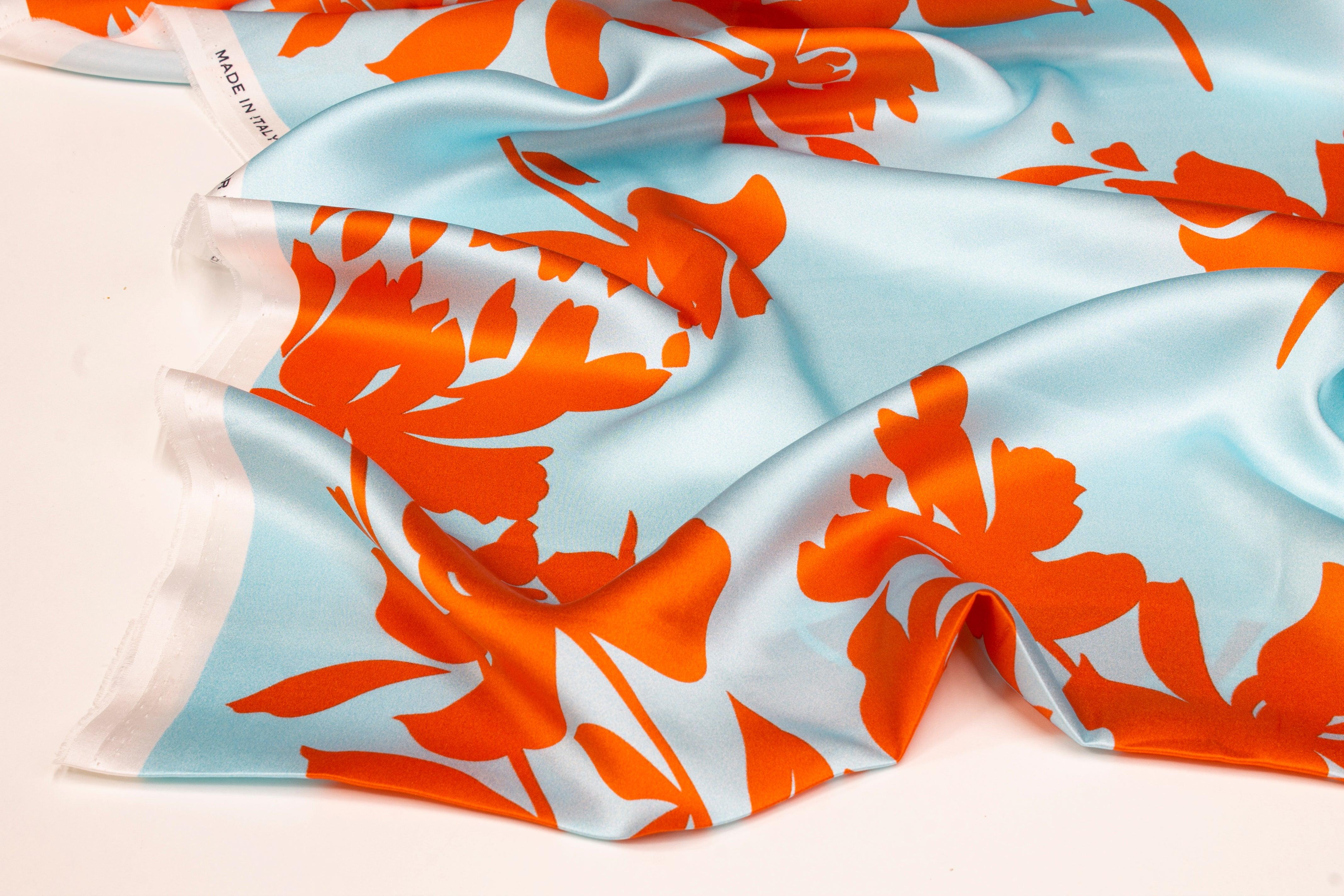 Floral Italian Silk Charmeuse - Blue and Orange - Prime Fabrics