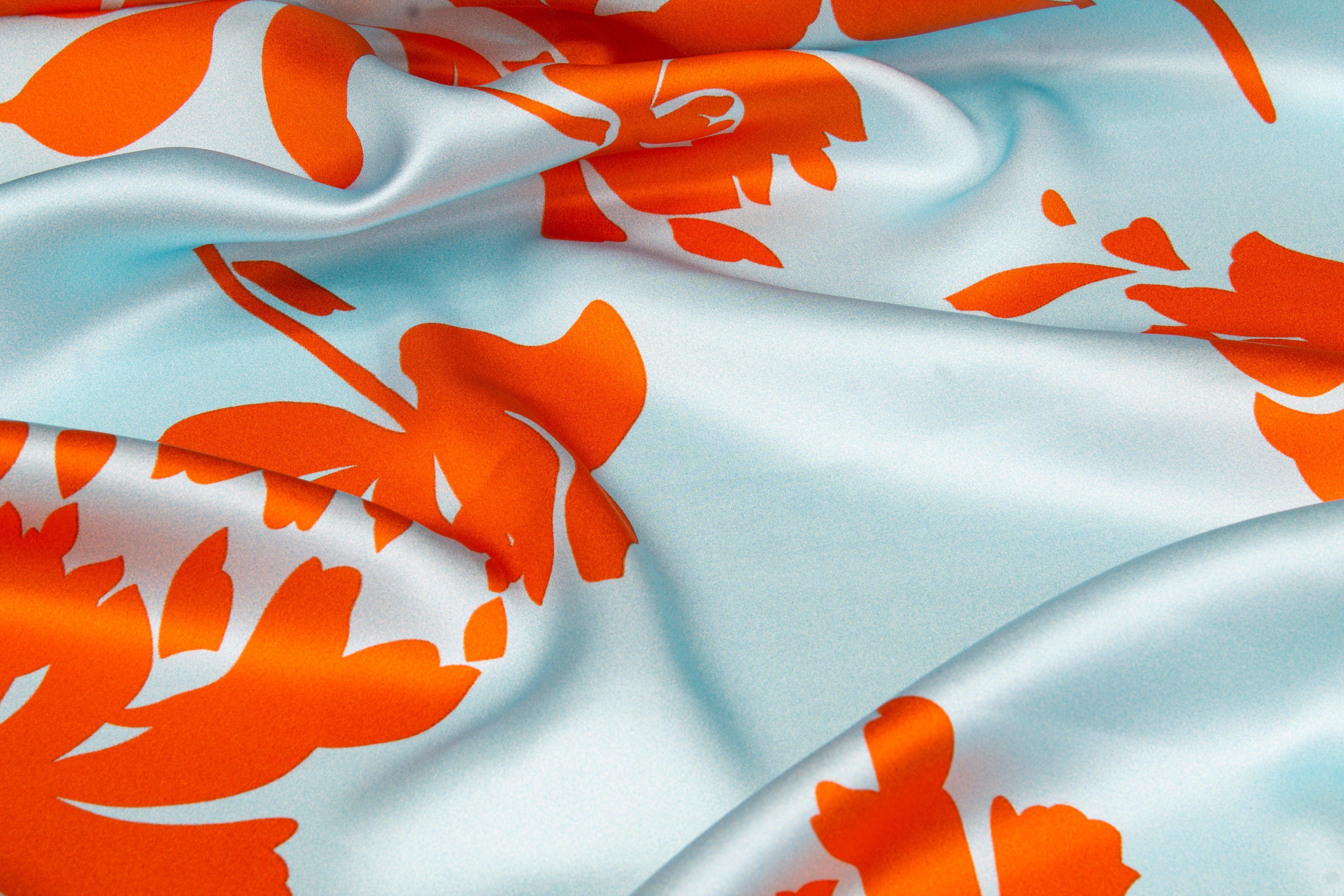 Floral Italian Silk Charmeuse - Blue and Orange - Prime Fabrics
